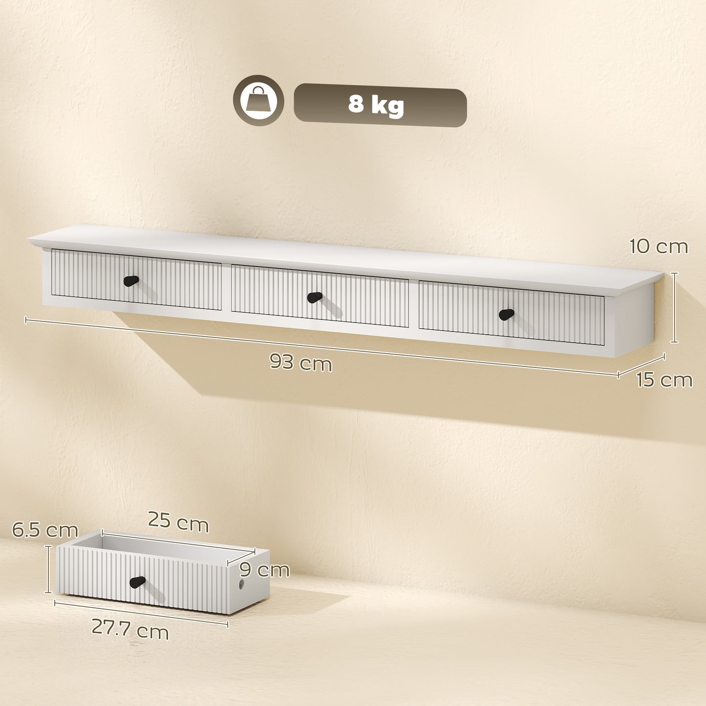 HOMCOM Shelf Wall-Mounted Storage Shelf Shelving Unit MDF 93 x 15 x 10 cm Entryway Kitchen Living Room, White