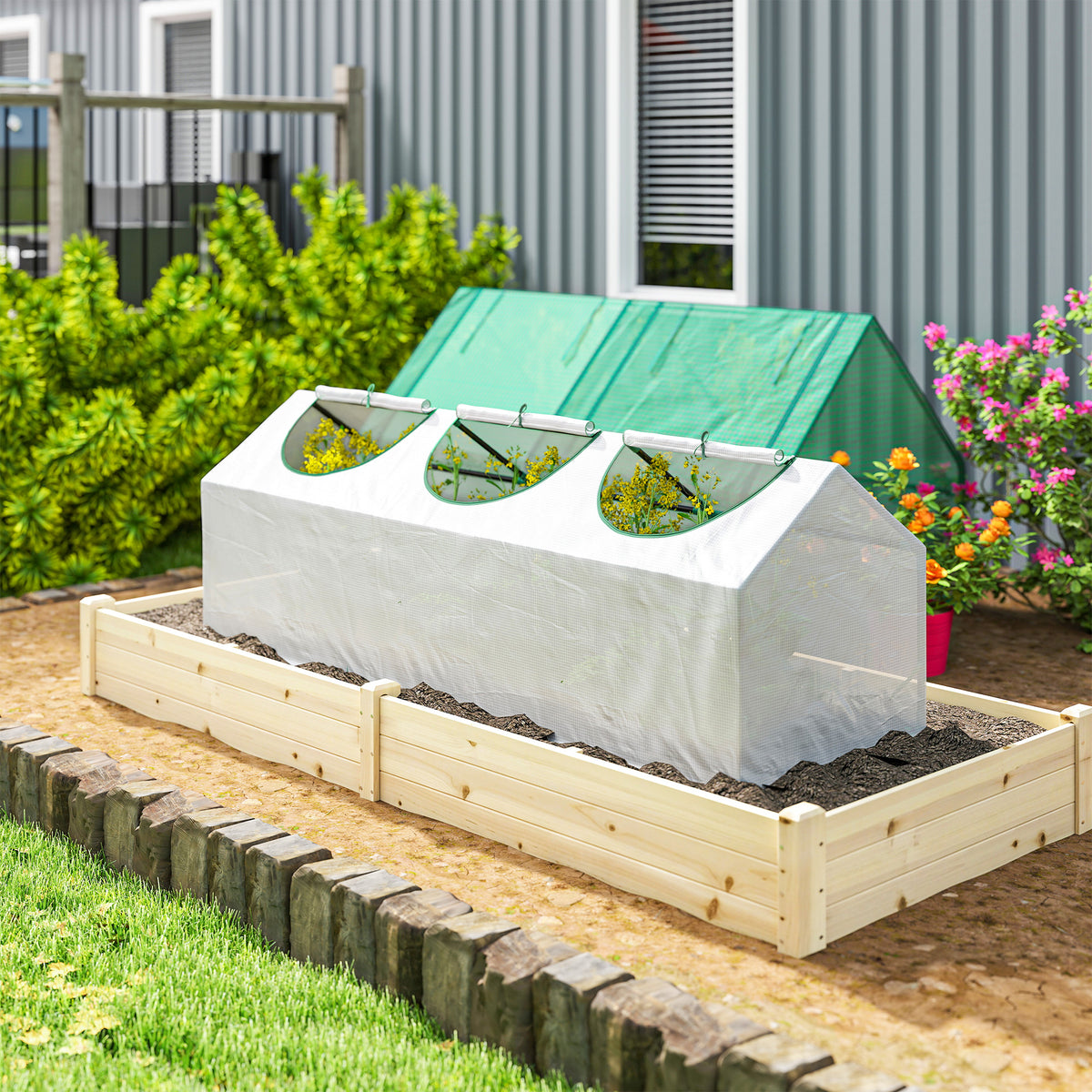 Outsunny Mini Greenhouse Portable Flower Planter Vegetable Grow House for Garden with Zipped Windows, 180 x 60 x 60 cm, White