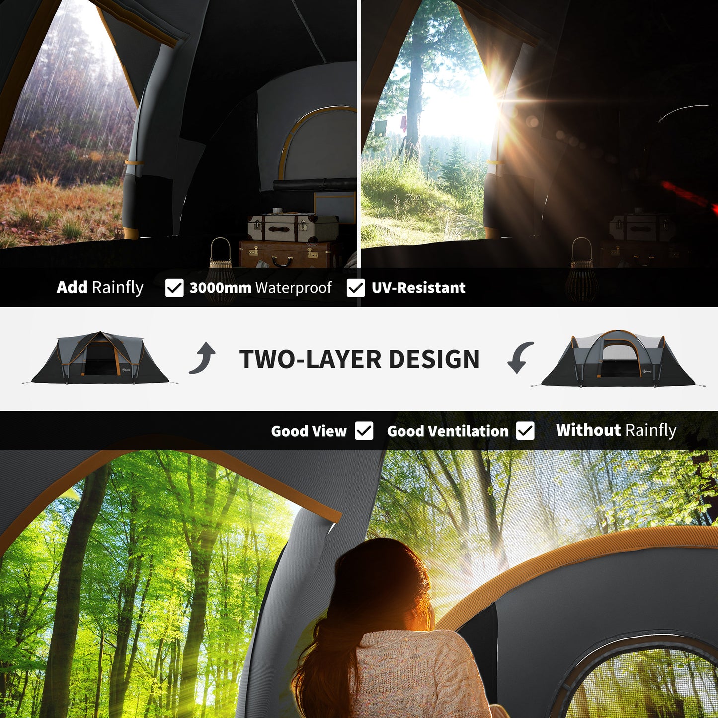 Outsunny 5-6 Man Dome Camping Tent - Light Grey and Black
