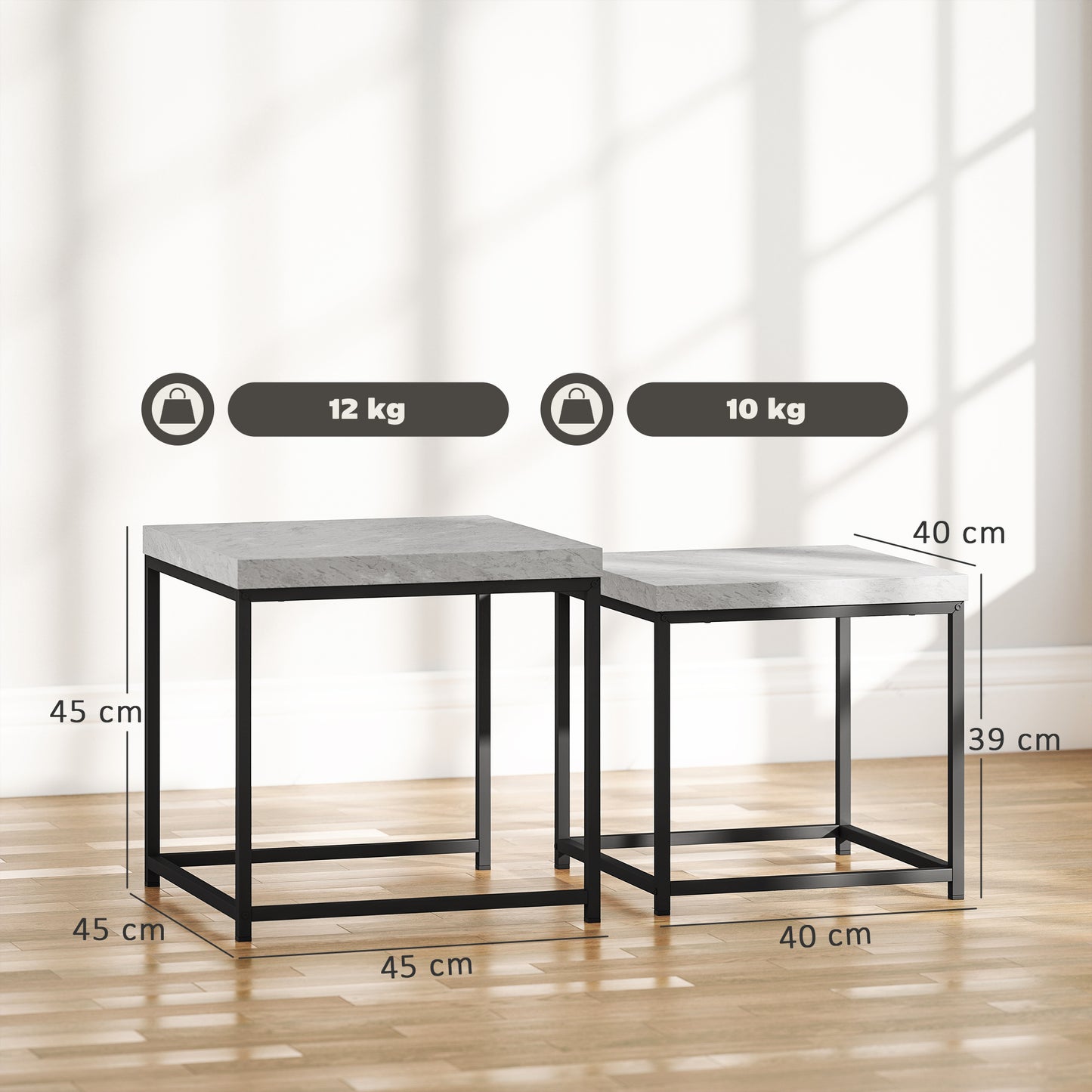 HOMCOM Coffee Table Set of 2, Nest of Tables with 3.5cm Thick Tabletop, Grey