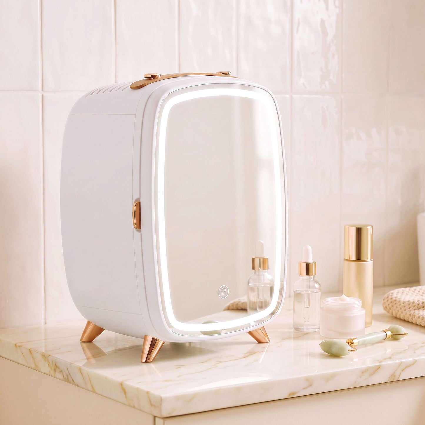HOMCOM Skincare Refrigerator, 6L Mini Cosmetic Fridge with LED Mirror, Cooling Function for Bedroom, Skincare, Office, White