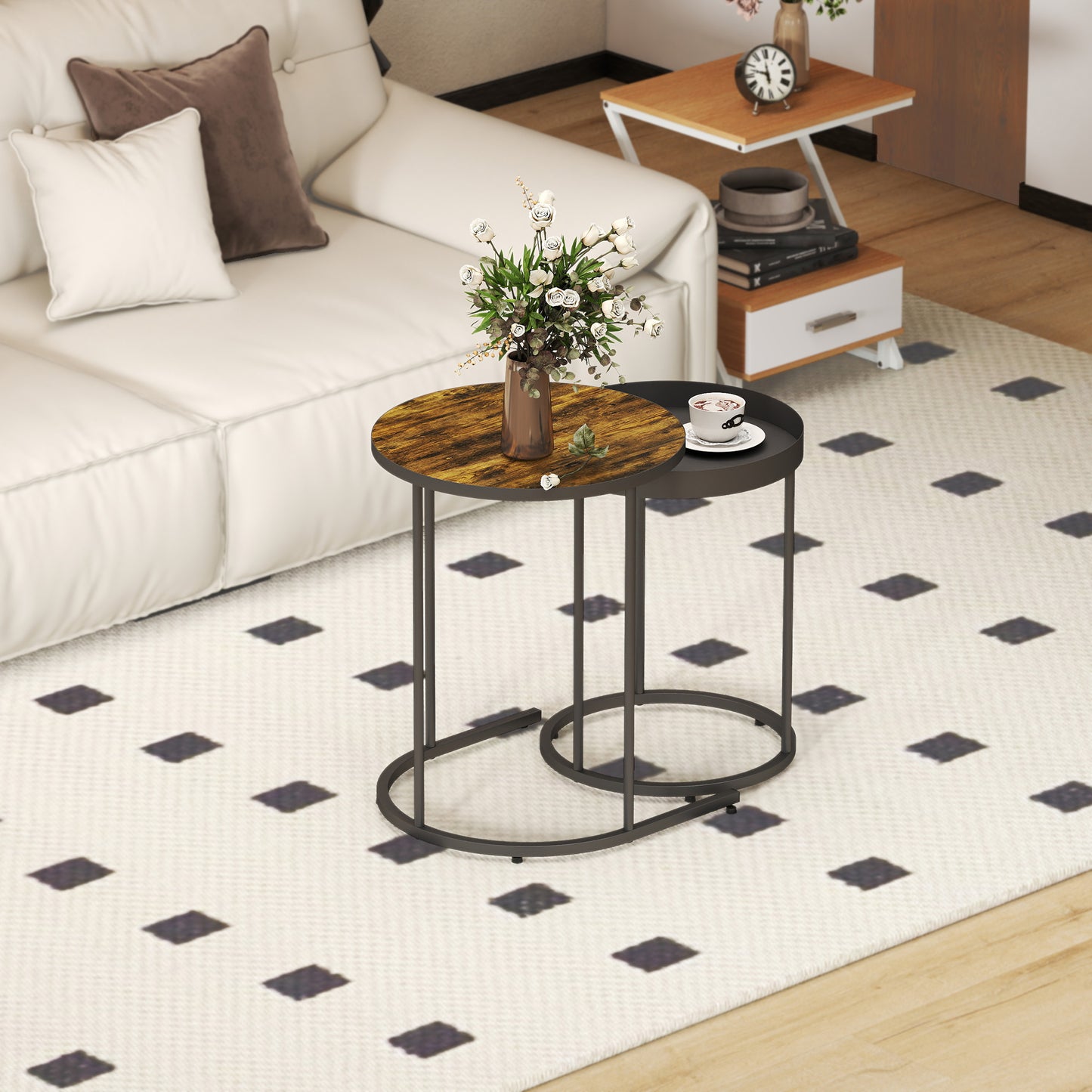 HOMCOM Round Nesting Side Table Set of 2 - Rustic Brown