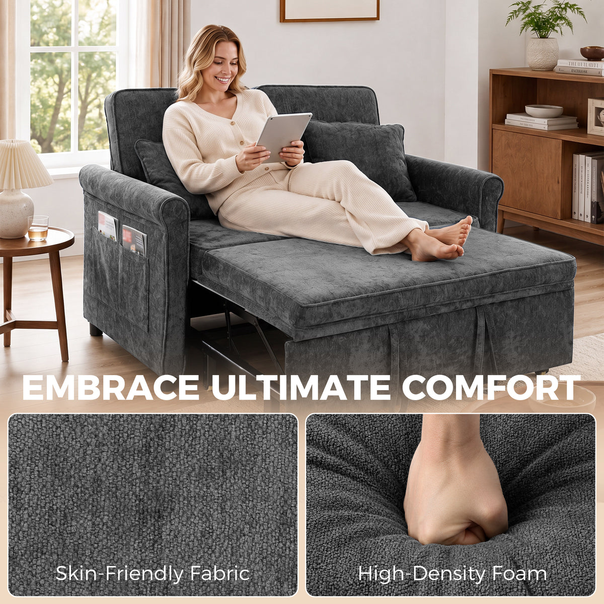 HOMCOM 2 Seater Sofa Bed 3-in-1 Convertible Chenille Pull Out Sleeper Sofa with 5-Position Adjustable Backrest, Grey