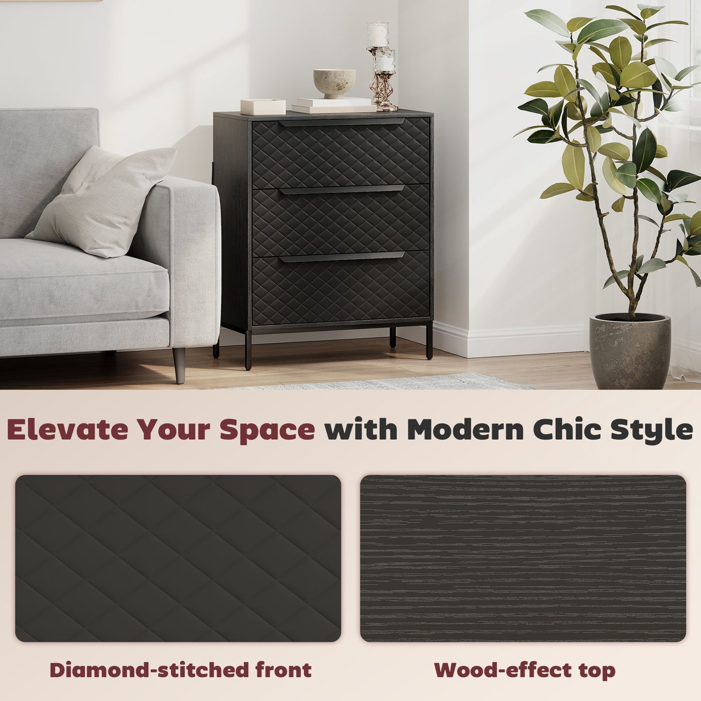 HOMCOM Chest of Drawers, Dresser with 3 Fabric Drawers and Aluminium Handles - Black