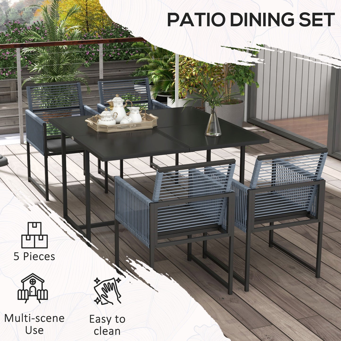 Outsunny Five-Piece Metal Dining Set, with Folding Back Chairs, Dark Grey
