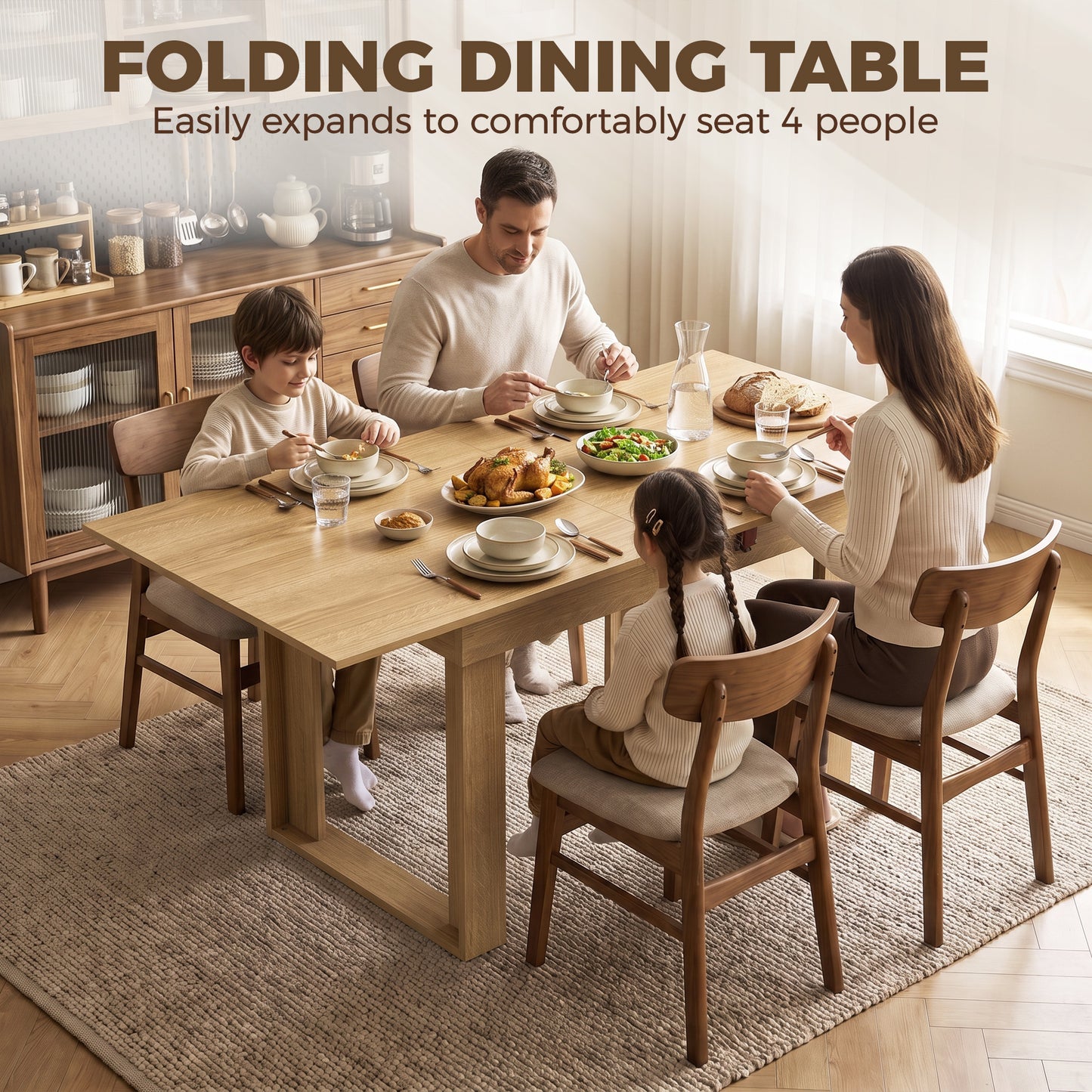 HOMCOM Folding Dining Table Under-Table Storage Extendable Kitchen Table Steel Rail Oak Effect