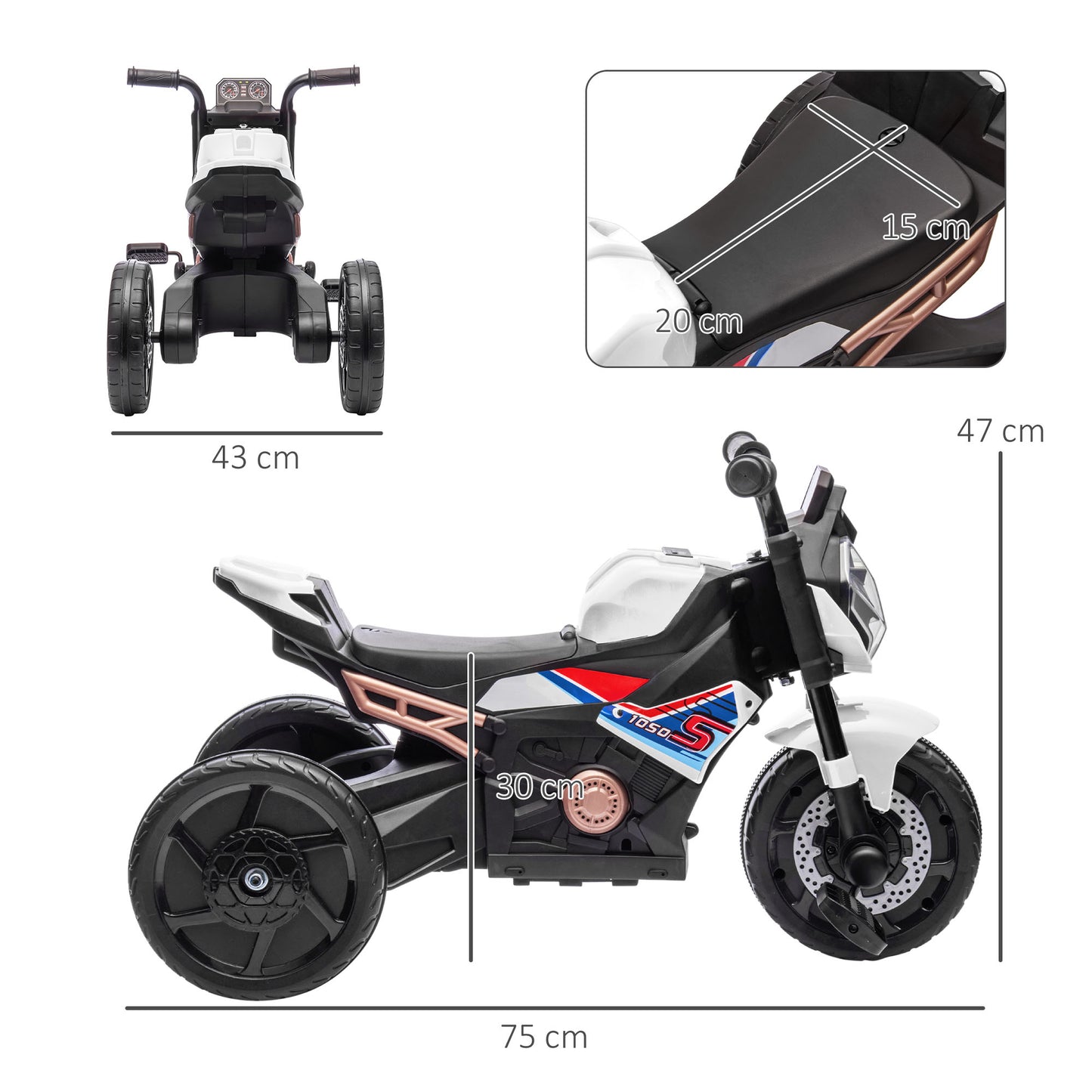 AIYAPLAY Motorcycle Design, 3 in 1 Toddler Trike, Sliding Car, Balance Bike with toy safety light, Music, Horn, White
