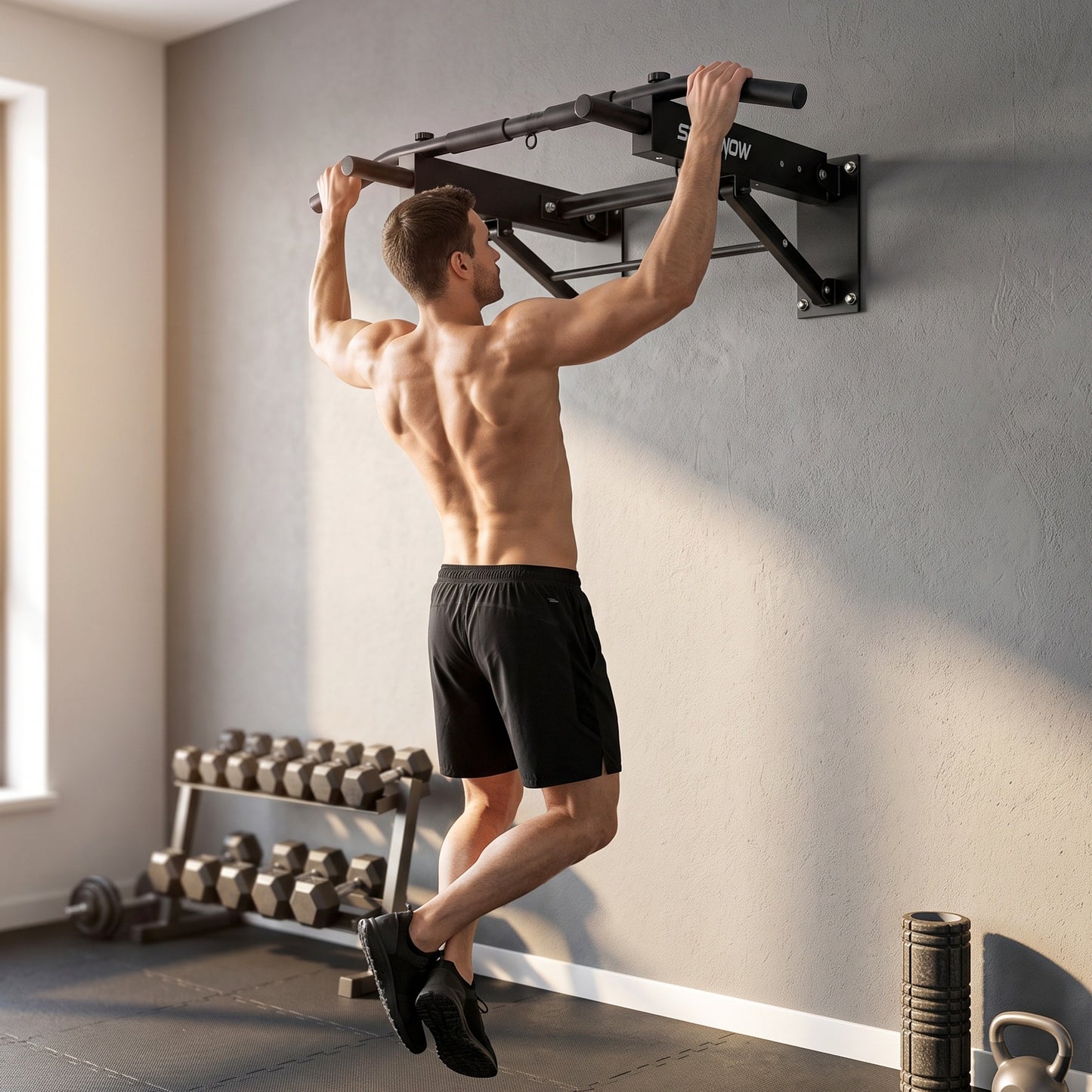 SPORTNOW Pull Up Bar Wall Mounted Chin Up Bar with Folding Design, 3 Hooks for Resistance Bands, Supports up to 120 kg, Black