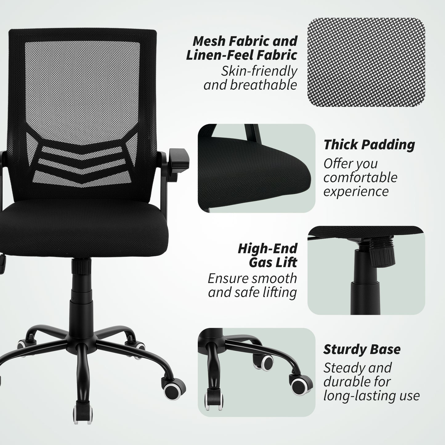 Vinsetto Mesh Office Chair, Computer Desk Chair with Flip-up Armrests, Lumbar Back Support and Swivel Wheels, Black