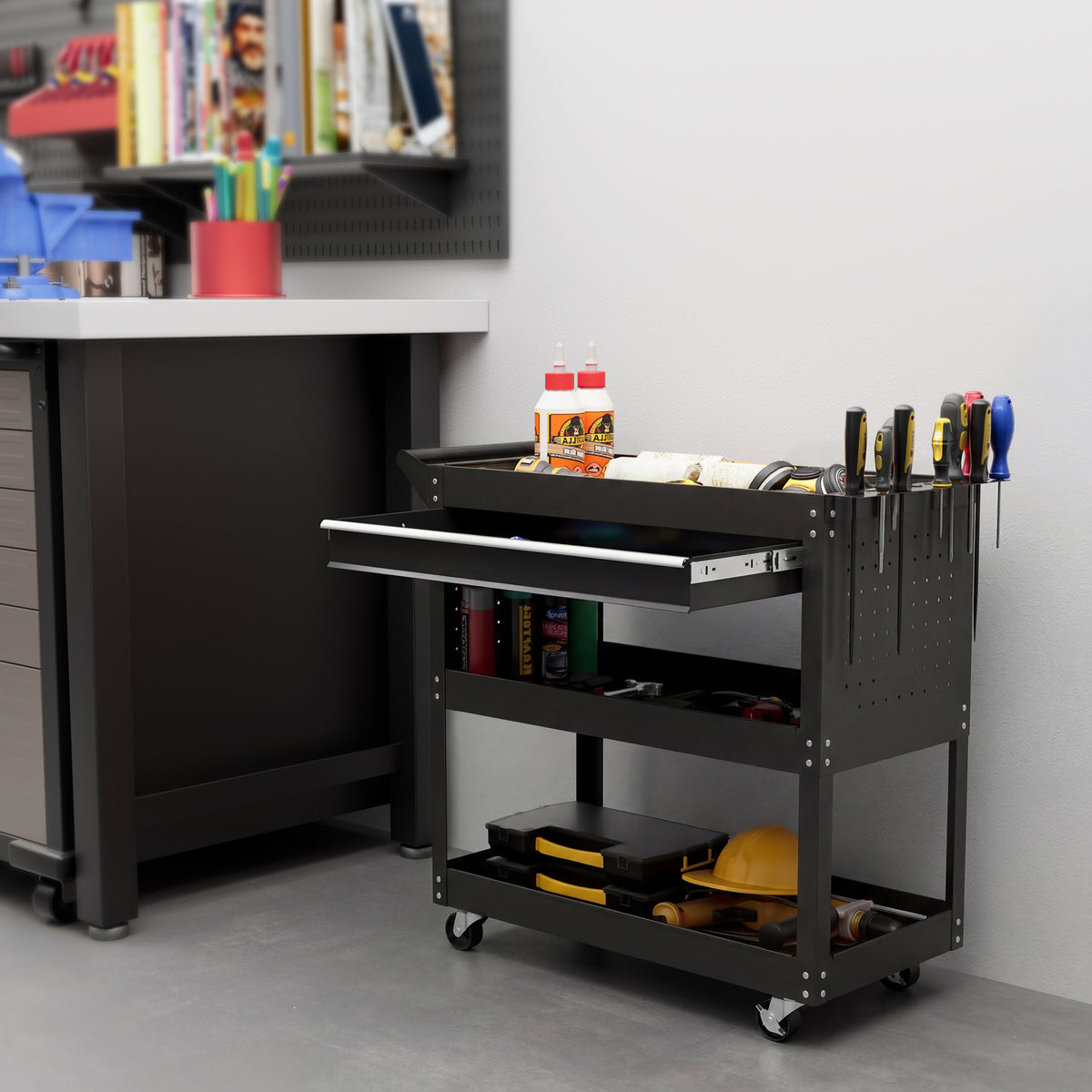 DURHAND 3-Tier Tool Trolley Cart Storage Shelf Roller Cabinet DIY Box Garage Workshop with Drawer Black