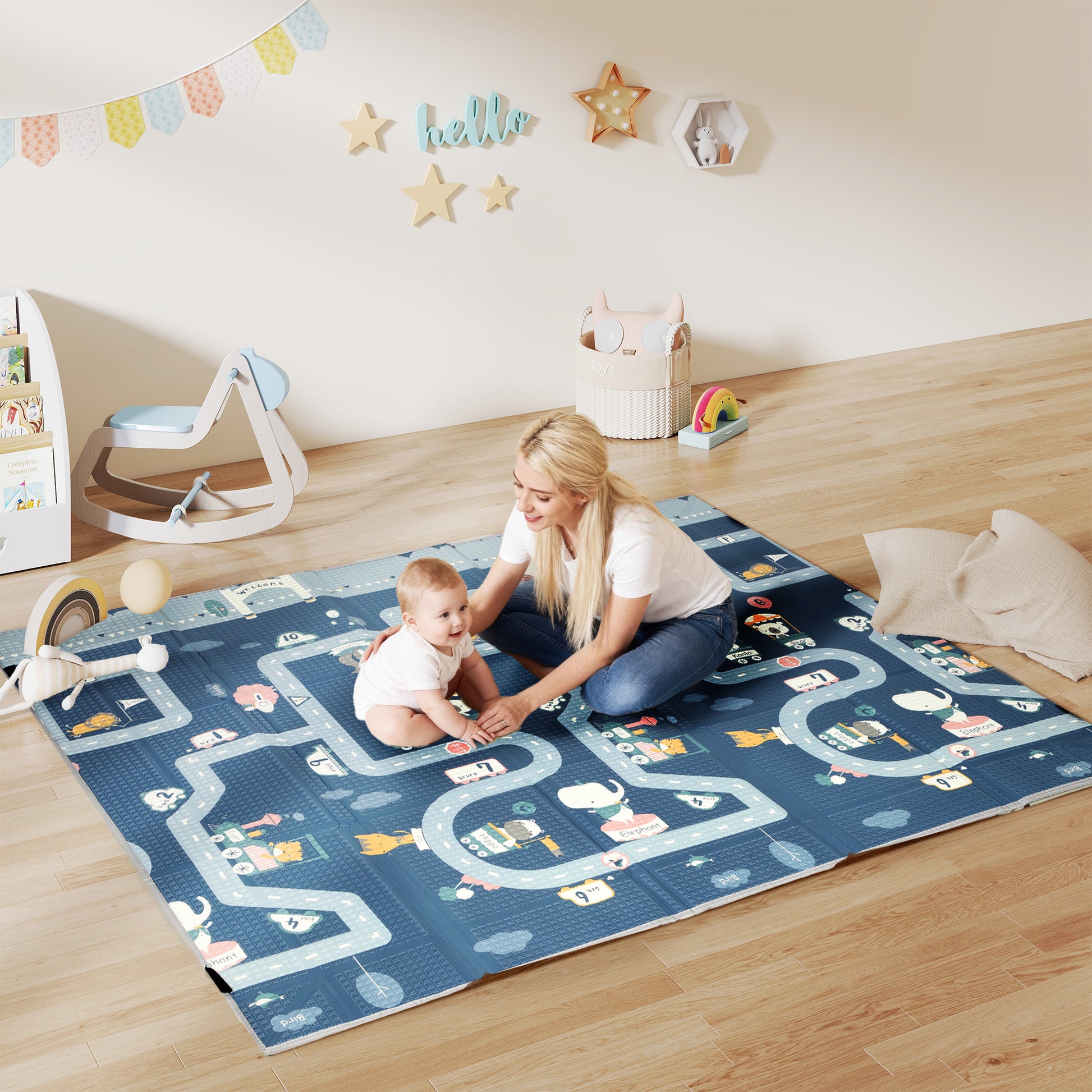 AIYAPLAY Foldable Baby Play Mat, Baby Playpen, Reversible Foam Playmat, Floor Mats for Toddlers, Traffic and Grey Diamond Theme