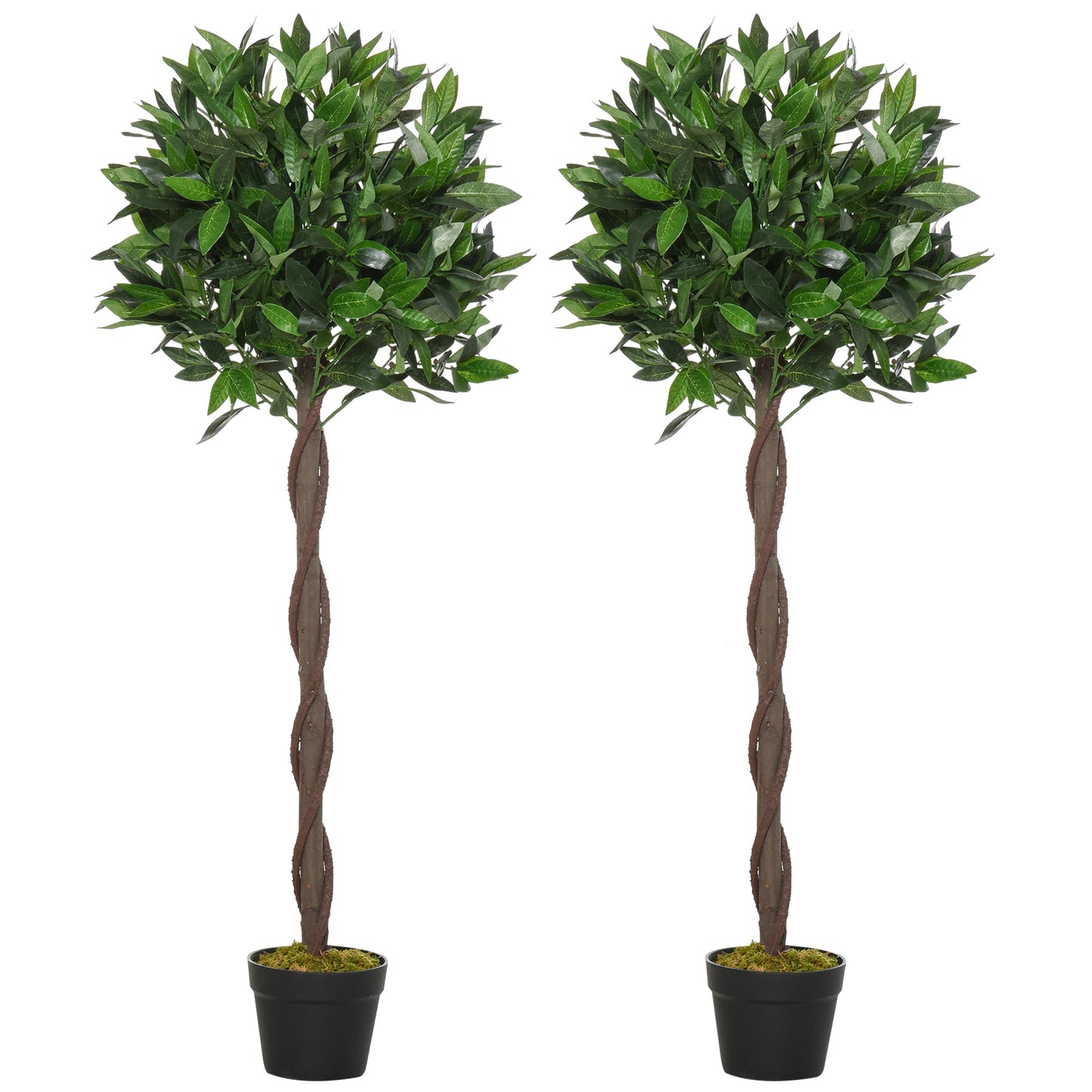 Outsunny Artificial Bay Laurel Topiary Trees with Twisted Trunk, Realistic Lush Topiary Ball Tree with Weighted Pot, 120cm Indoor Greenery Plant for Home Office Garden Decor, Set of 2, Green