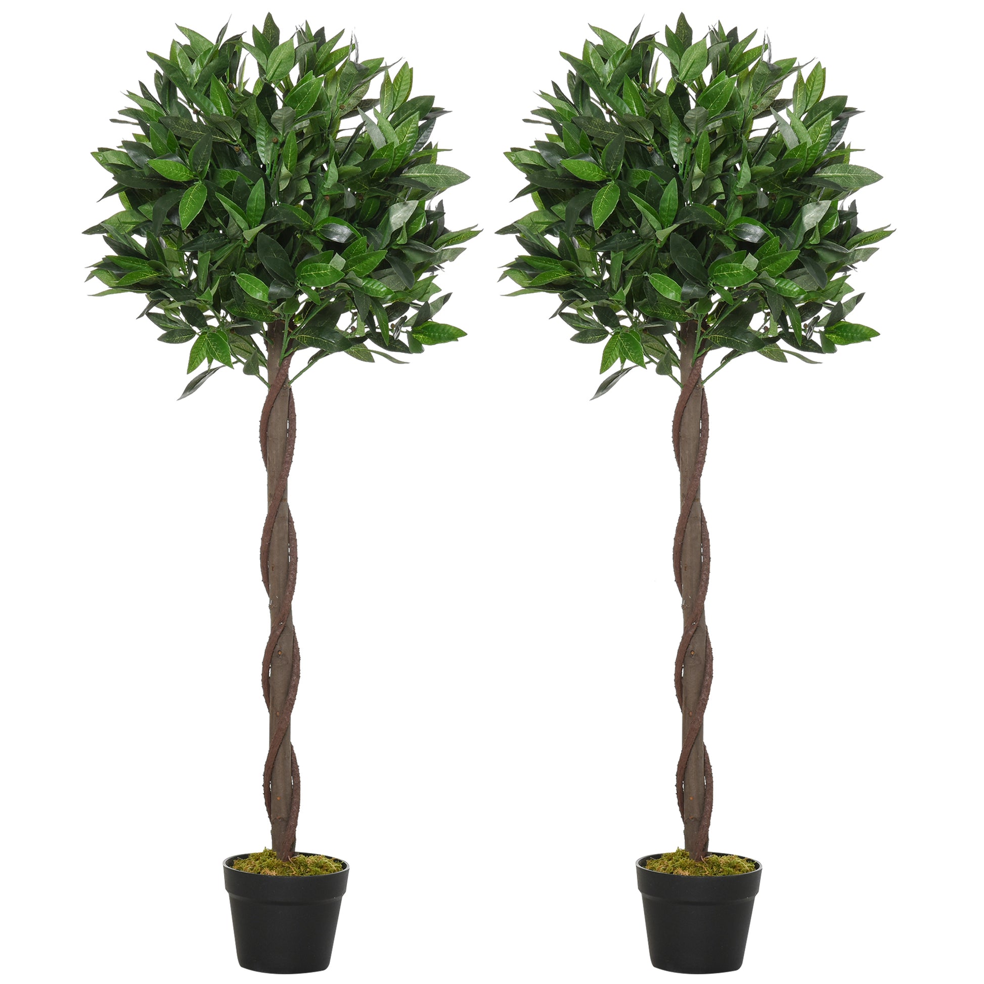 Outsunny Artificial Bay Laurel Topiary Trees with Twisted Trunk, Realistic Lush Topiary Ball Tree with Weighted Pot, 120cm Indoor Greenery Plant for Home Office Garden Decor, Set of 2, Green