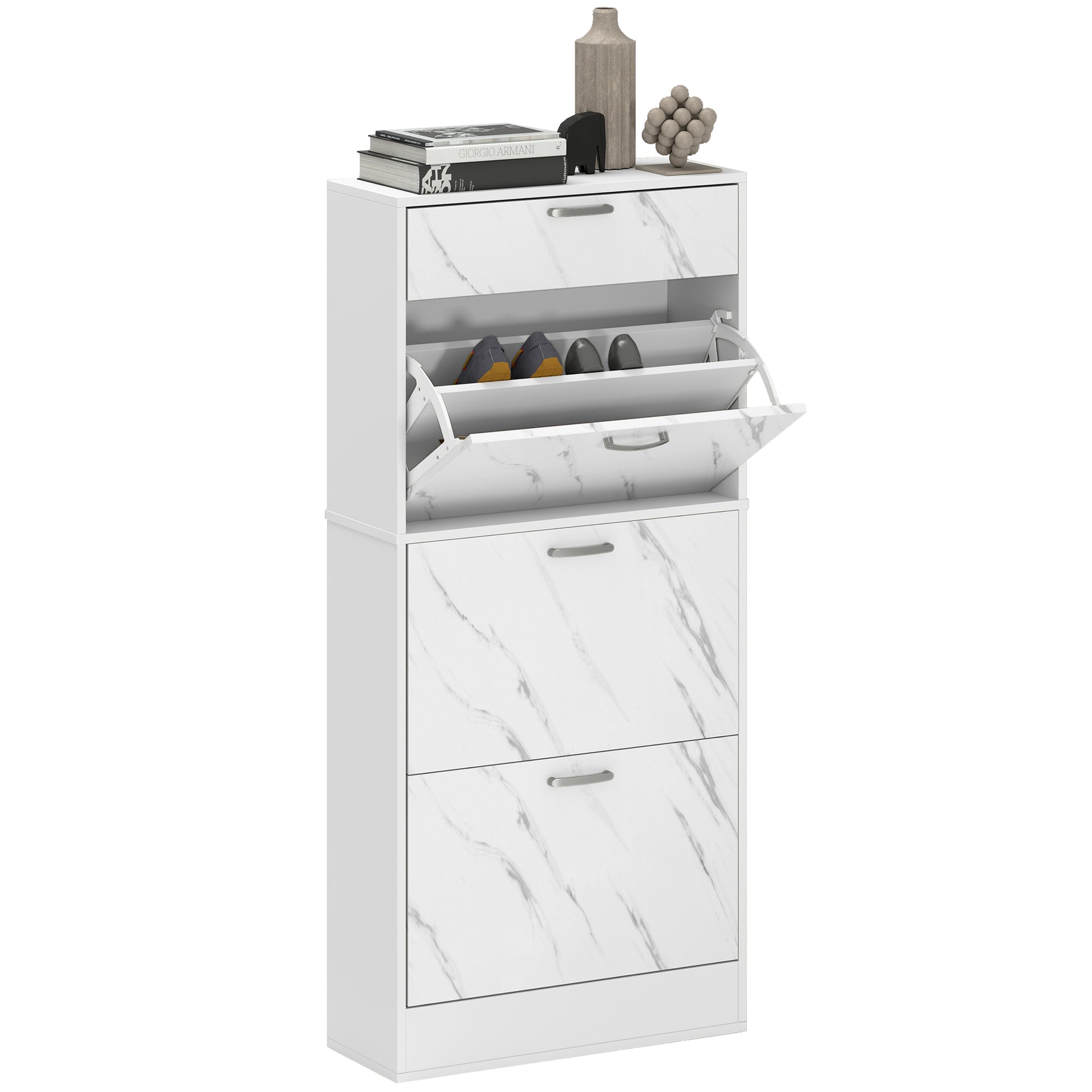 HOMCOM Marble Shoe Storage Cabinet with 3 Flip Drawers, Hallway Cabinet with Top Drawer and Adjustable Shelves, Shoe Cupboard for 18 Pairs, White
