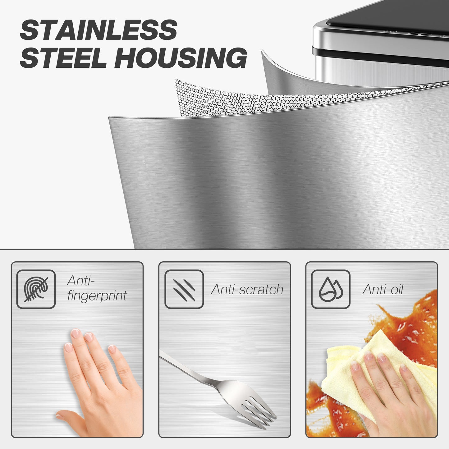 HOMCOM 50L Sensor Bin with Quiet Soft-Close Lid, Automatic Touchless Motion Sensor Kitchen Bin with Fingerprint Resistant Stainless Steel for Hygienic Gyms, Home Office Use, Silver Tone