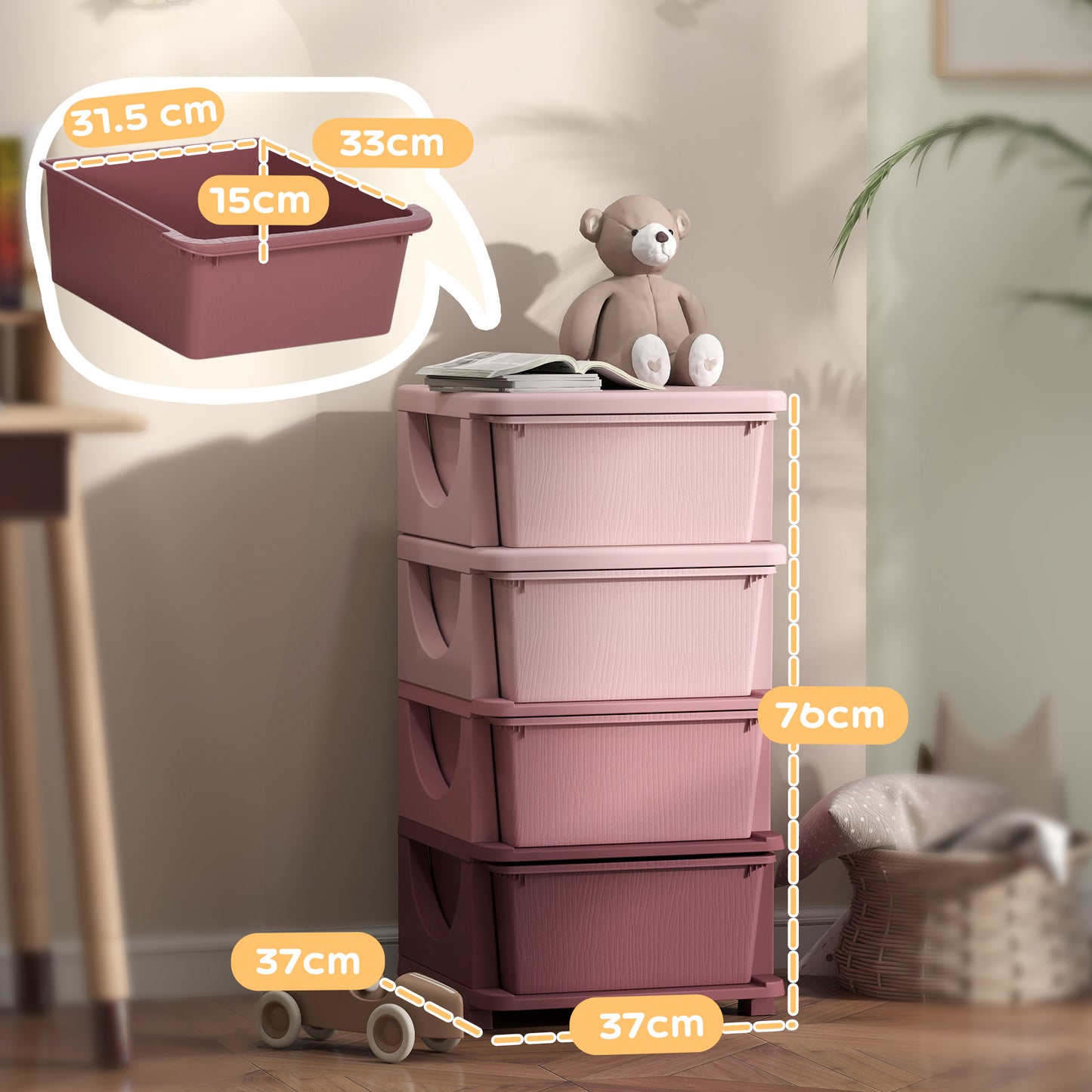 HOMCOM Four-Tier Kids Storage Boxes, with Four Drawers, Pink