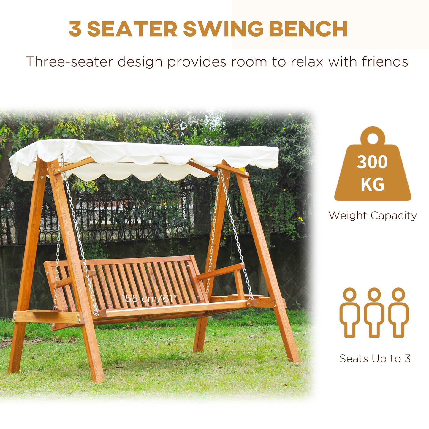 Outsunny 3 Seater Garden Swing Seat with Canopy, Wooden Swing Chair, Outdoor Hammock Bench for Balcony Patio Porch, Cream White