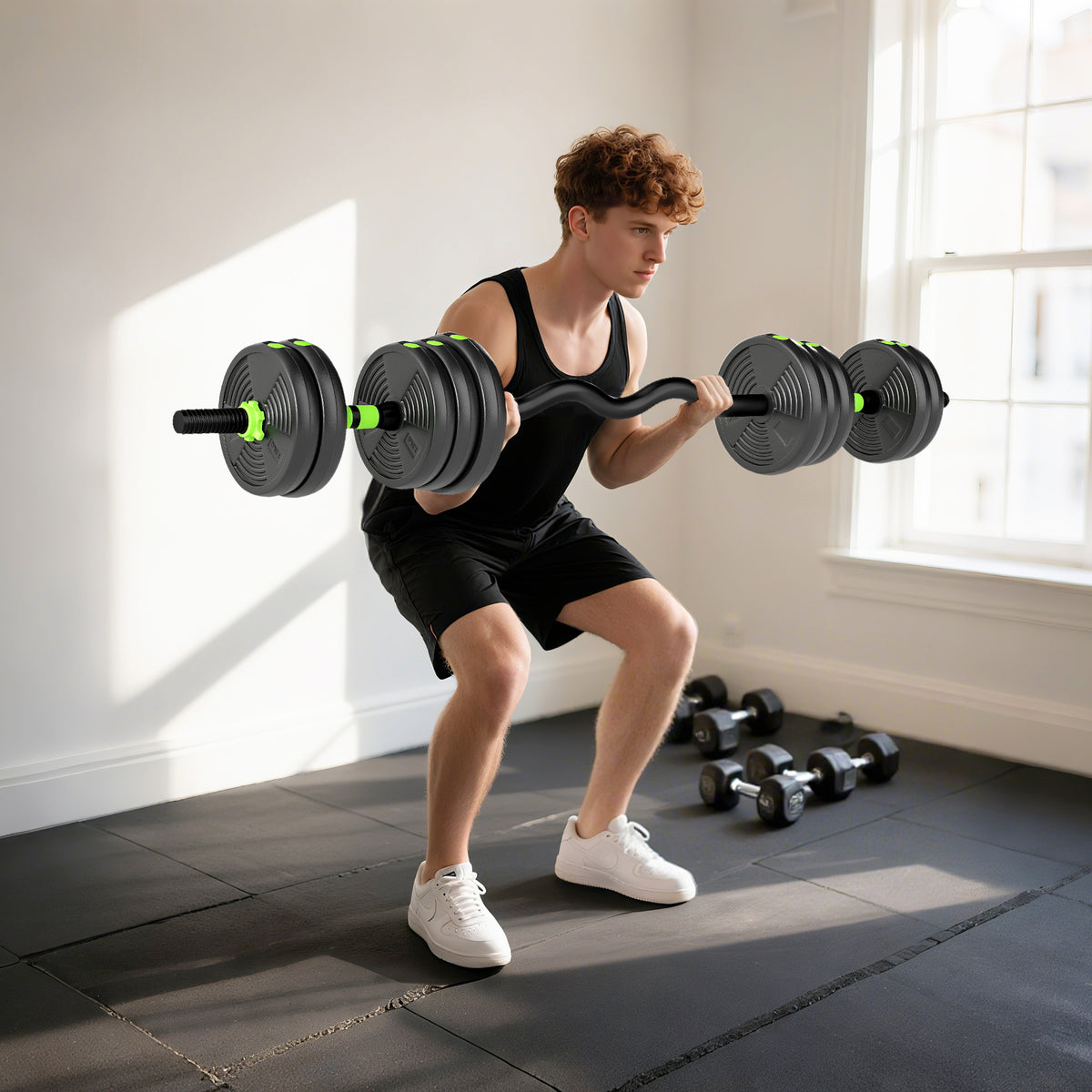 SPORTNOW 20 kg 3-in-1 Adjustable Dumbbell & Barbell Set with EZ Bar, Connecting Rod and Non-Slip Grip for Home Gym, Green