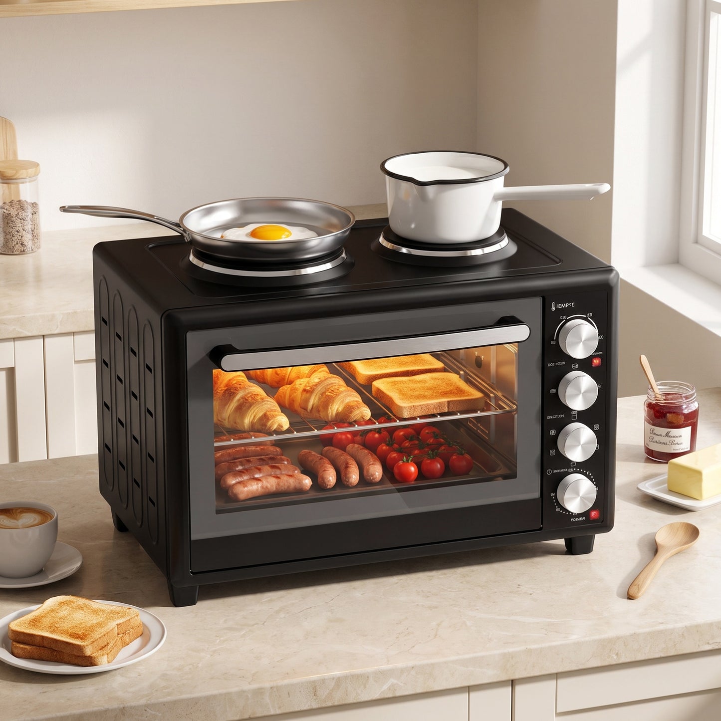 HOMCOM 46L Mini Oven with Dual Hot Plates, Electric Countertop Cooker with Convection, 90â€“230Â°C Adjustable Temperature