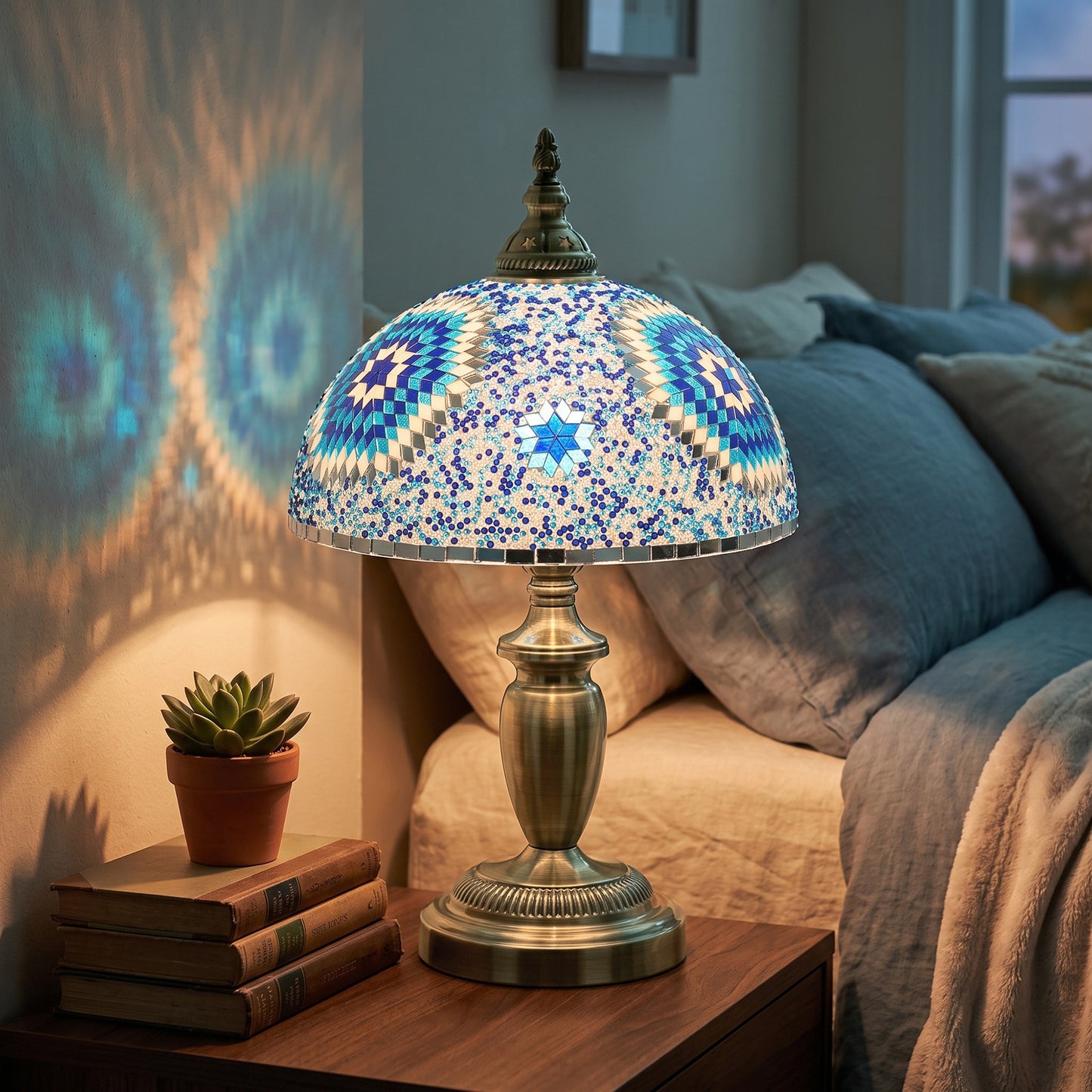 HOMCOM Tiffany Lamp, Stained Glass Bedside Table Lamp with Button Switch and Metal Base, 12 x 12 x 20 Inches, Blue