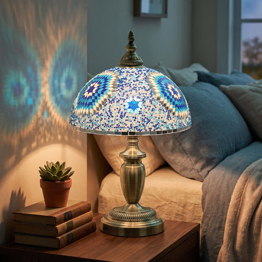HOMCOM Tiffany Lamp, Stained Glass Bedside Table Lamp with Button Switch and Metal Base, 12 x 12 x 20 Inches, Blue