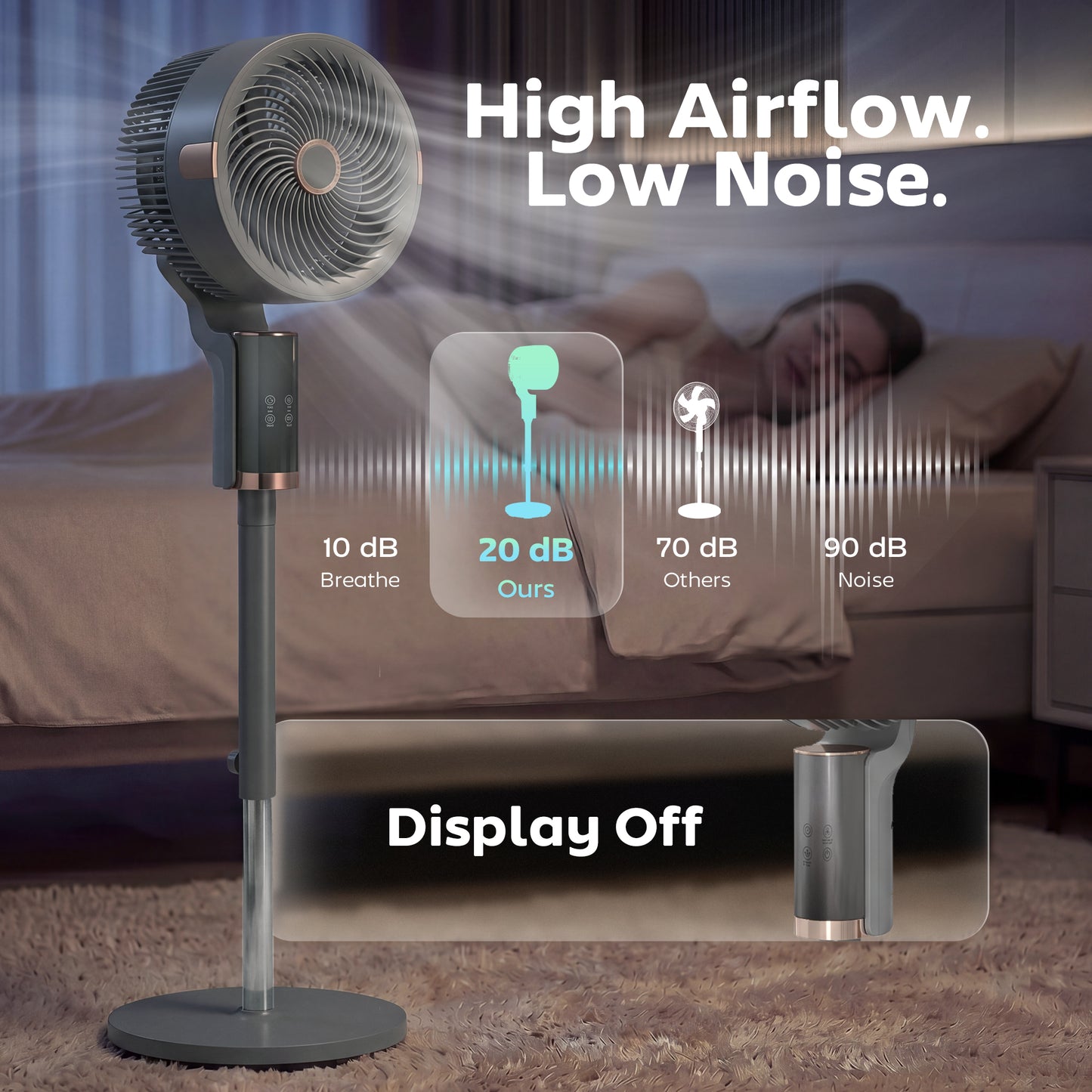 HOMCOM 20 dB Silent Standing Fan for Bedroom, 44" Pedestal Fan with 90Â° Oscillating, 8 Speeds and LED Light, Grey