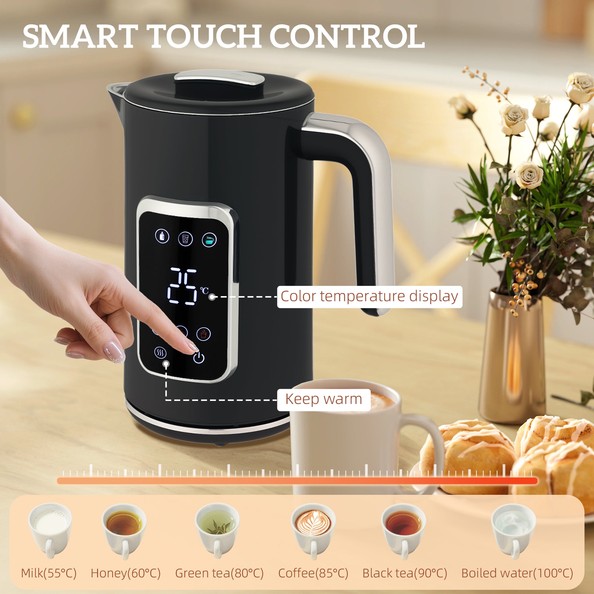 HOMCOM Touch Screen Kettle and Toaster Set - Black