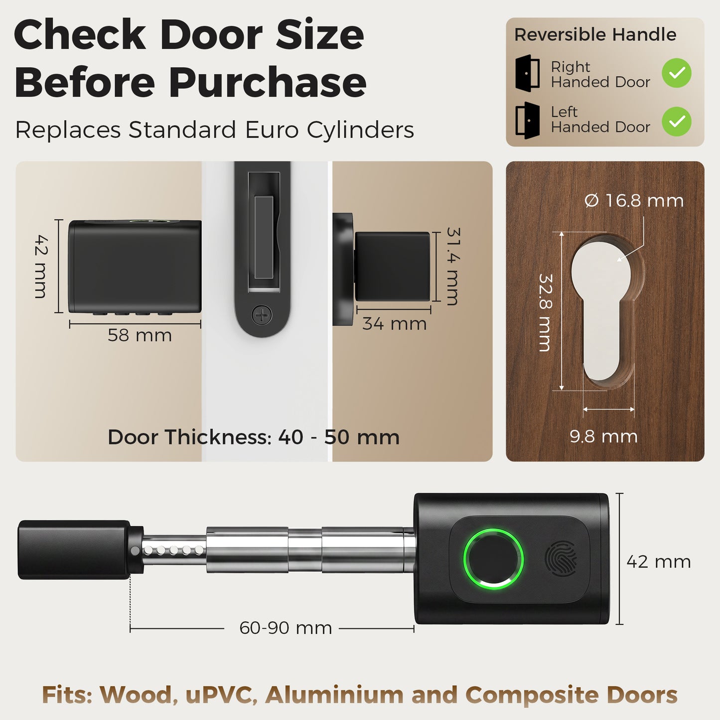 HOMCOM Smart Door Cylinder, 5-in-1 (Fingerprint Biometrics/Passcode/APP/NFC Card/Key), Shared Access, Bluetooth Cylinder