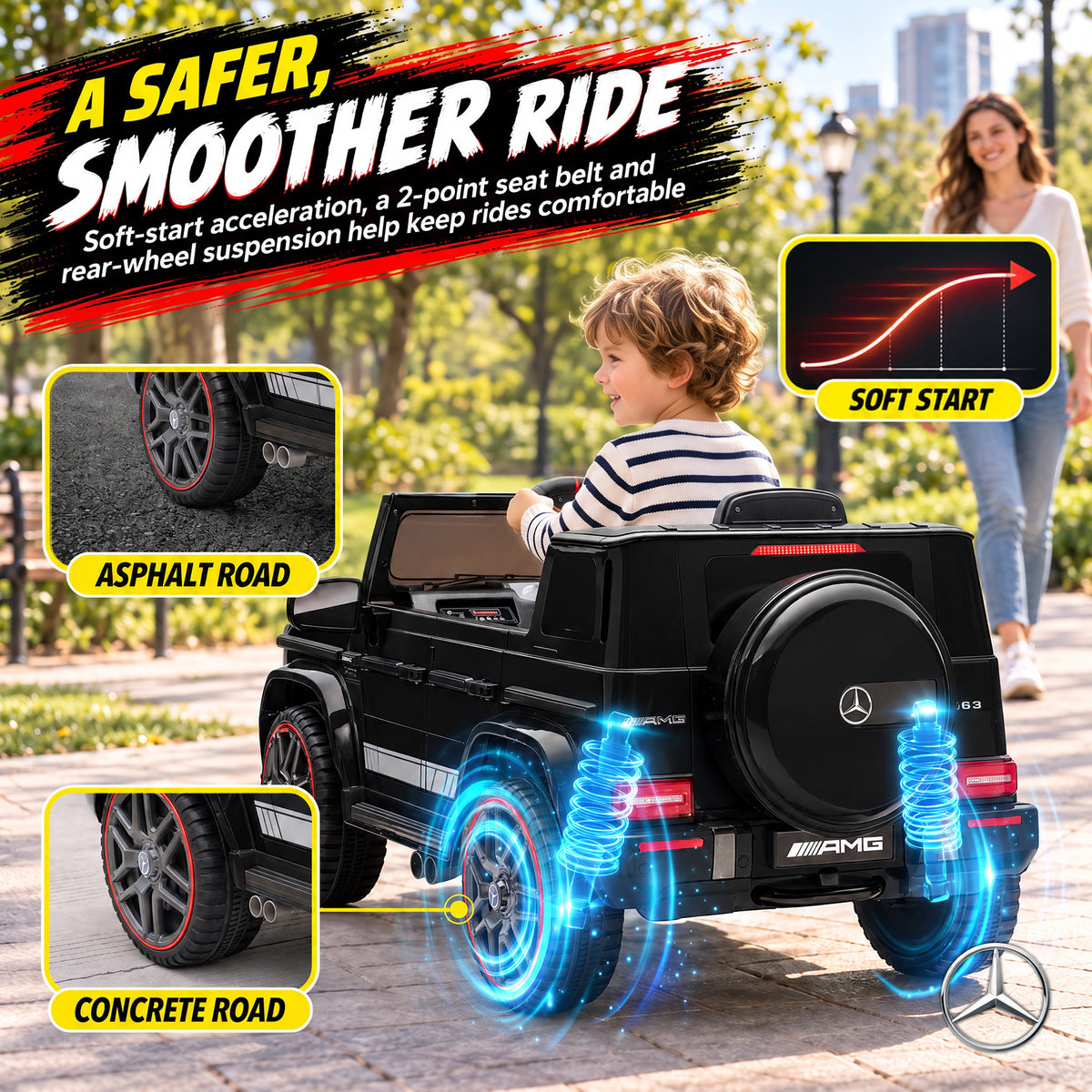 AIYAPLAY Licensed Mercedes-AMG G63 12V Kids Ride on Car with Remote Dual Motors Rear Suspension Slow Start for 3-6 Years, Black