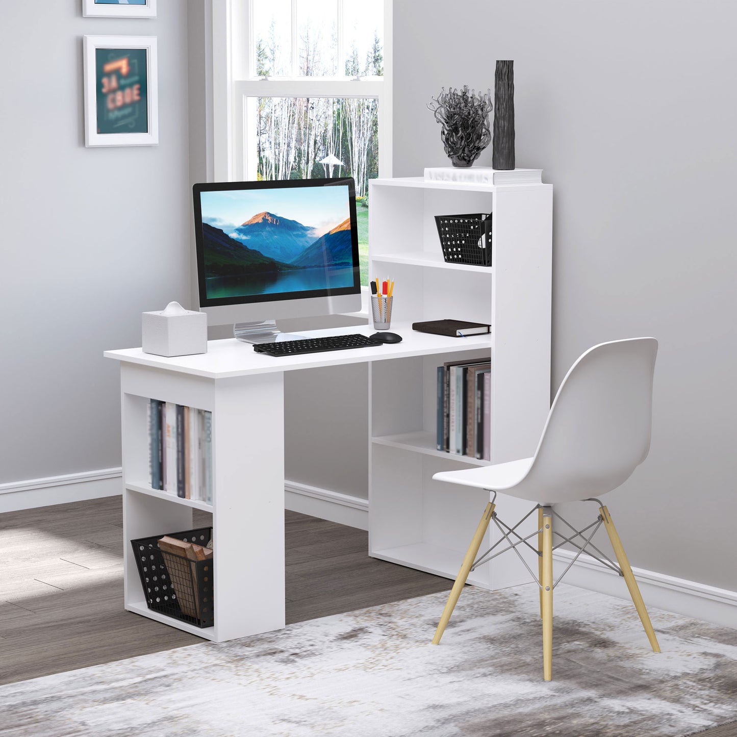 HOMCOM 120cm Computer Desk, Wooden PC Laptop Table with 6-Tier Storage Bookshelves, Home Office Working Study Desk, Writing Workstation, White