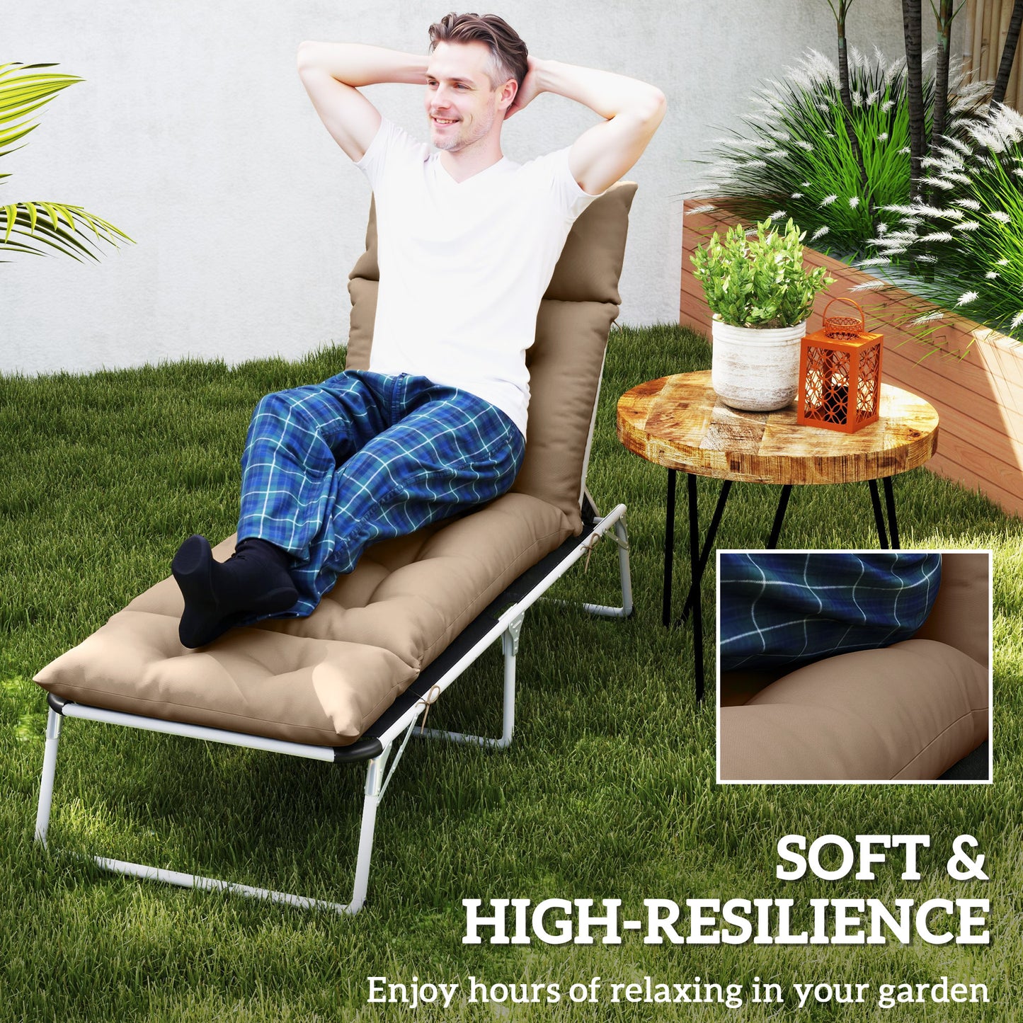 Outsunny Sun Lounger Cushions Only, 190x56x10cm Garden Lounge Chair Cushions, UPF20+ 220gsm Fabric, Thick Sunbed Replacement Pads with 6 Ties, Khaki