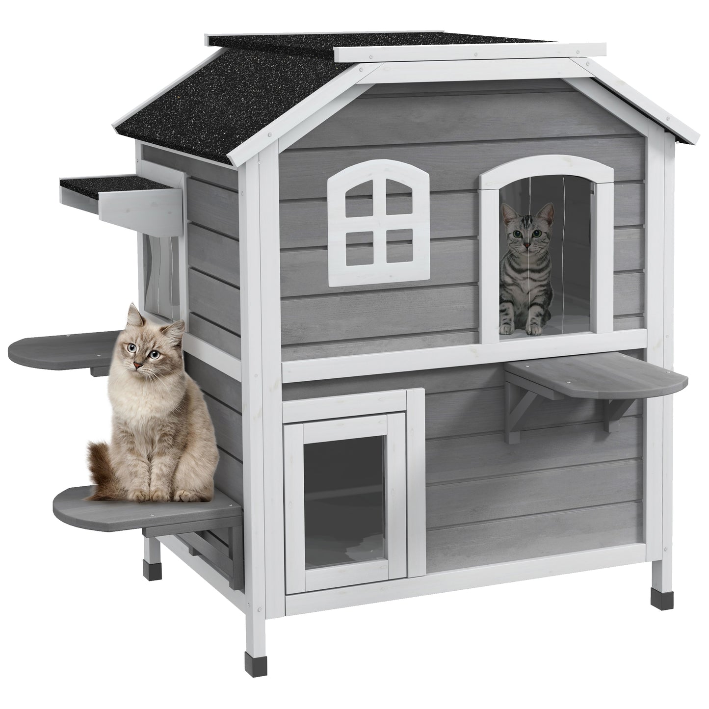 PawHutÂ 2-story Cat House Outdoor, WeatherproofÂ Wooden Cat Enclosure with Escape Door, Openable Roof, Jumping Platforms, Grey