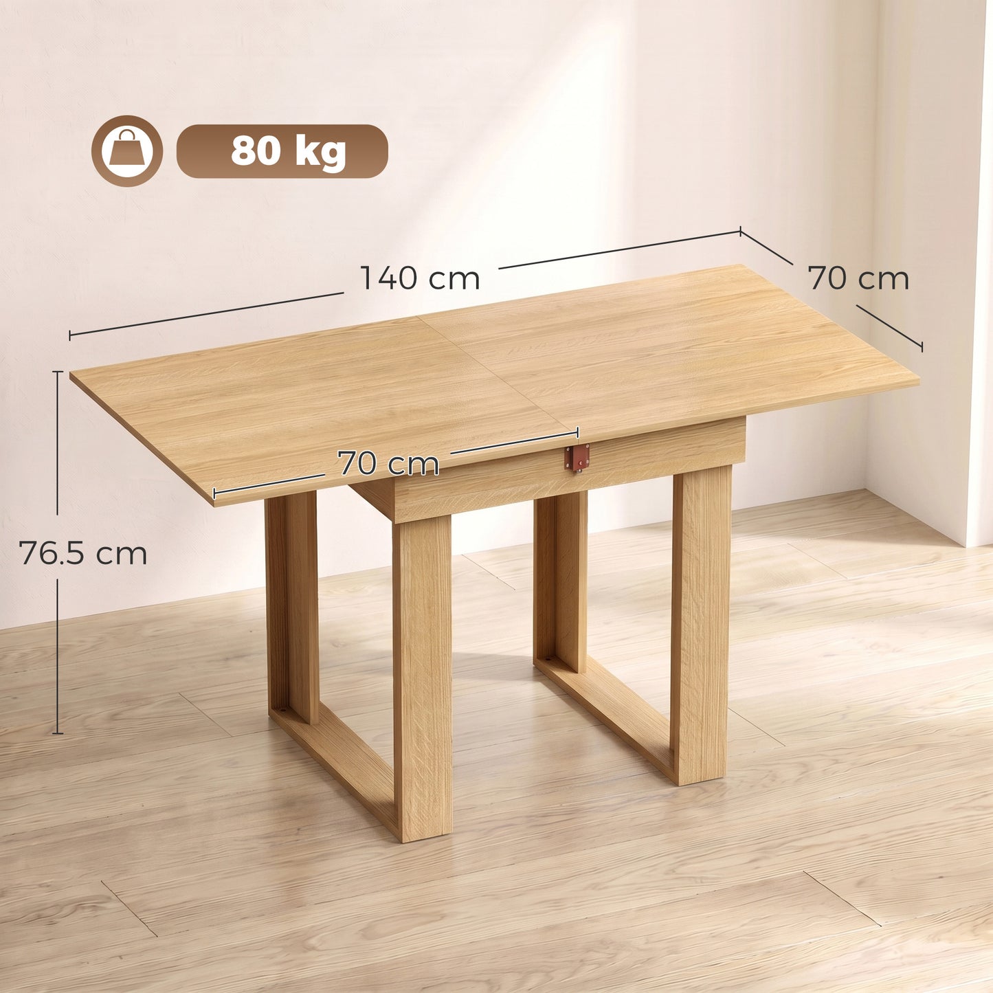 HOMCOM Folding Dining Table Under-Table Storage Extendable Kitchen Table Steel Rail Oak Effect