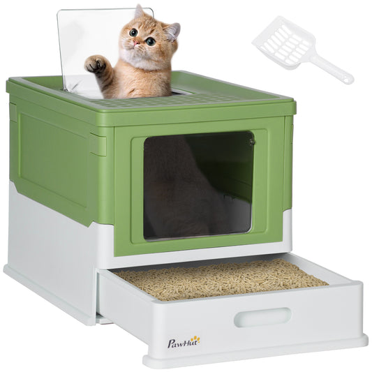 PawHut Hooded Cat Litter Box, Portable Pet Toilet, with Scoop, Front Entry - Emerald Green
