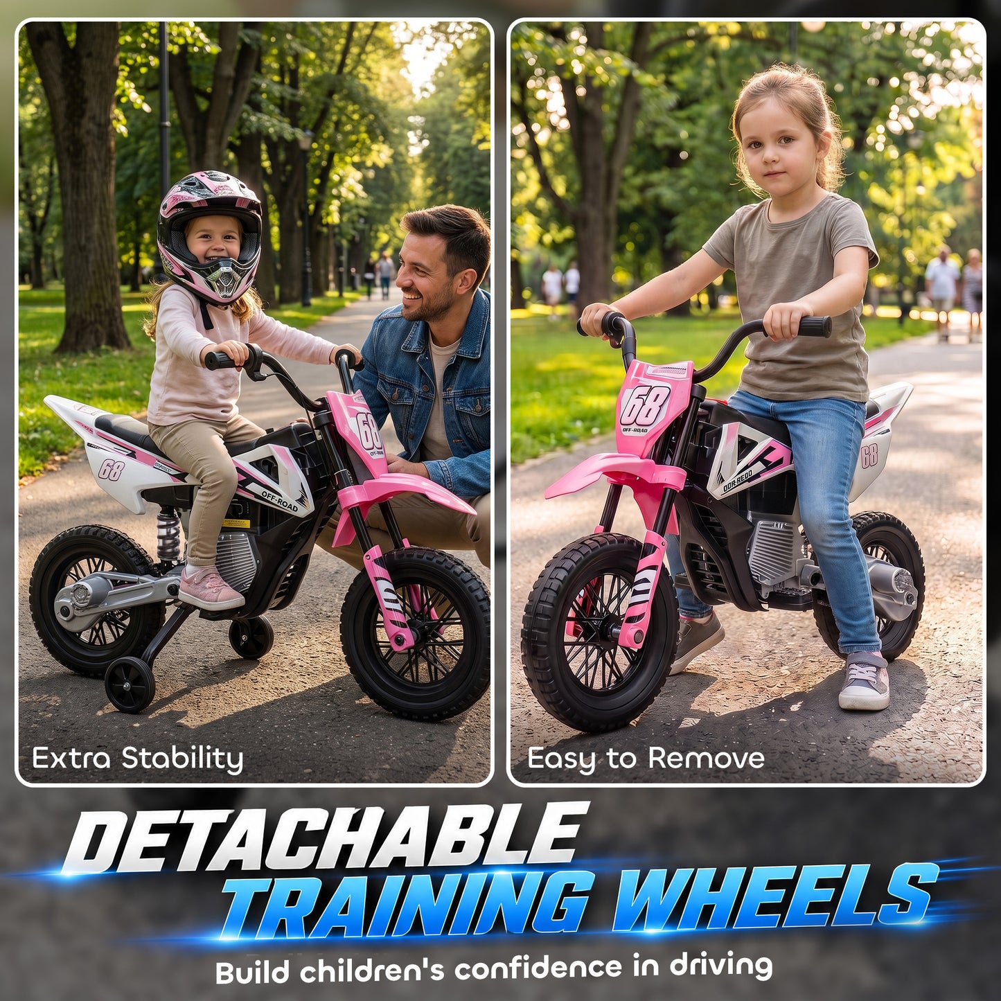 AIYAPLAY Kids Electric Motorcycle, 12V Ride On Motorbike with Training Wheels, Soft Start, Suspension, Music for 3â€“6 Years, Pink