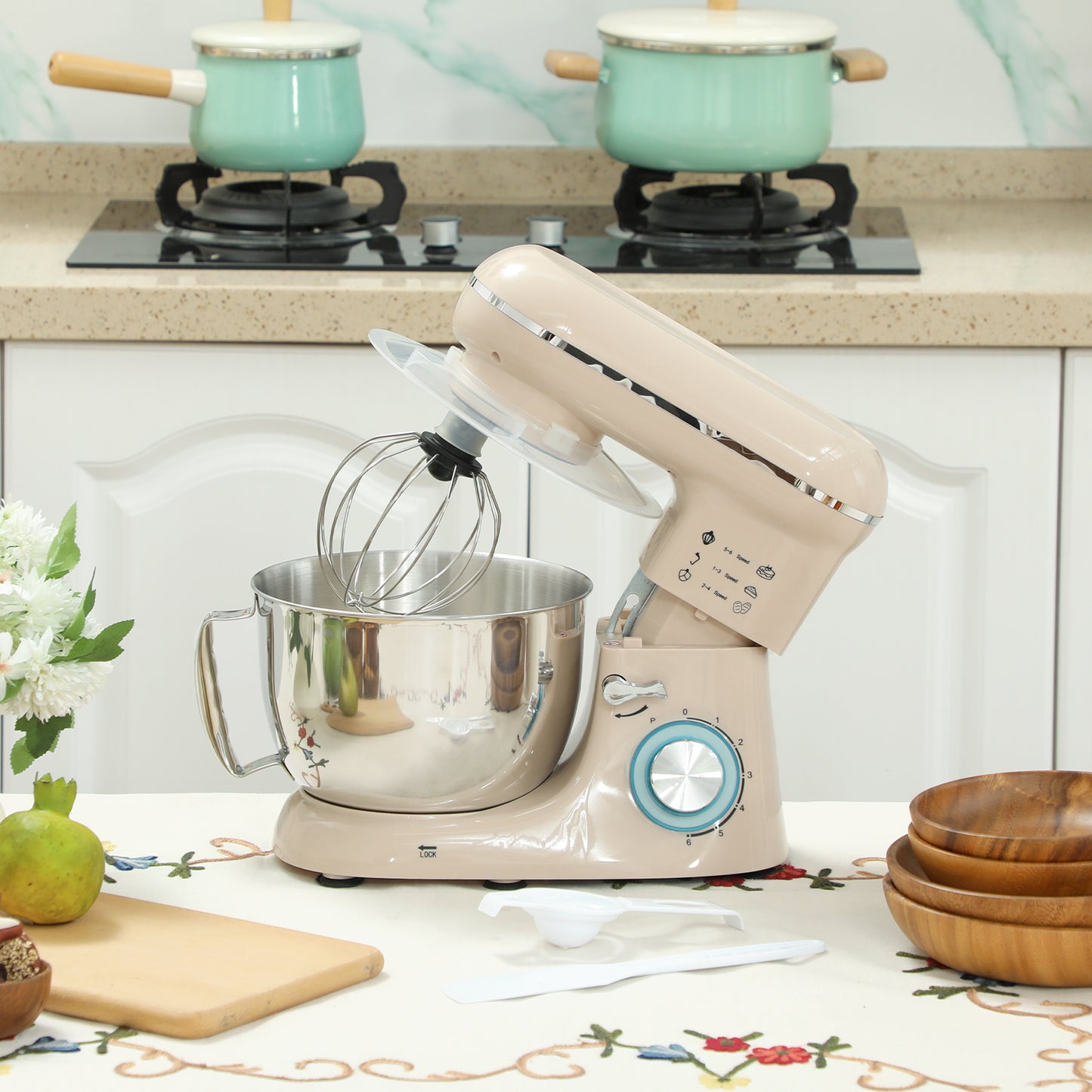 HOMCOM 1300W Kitchen Stand Mixer, with Accessories - Beige