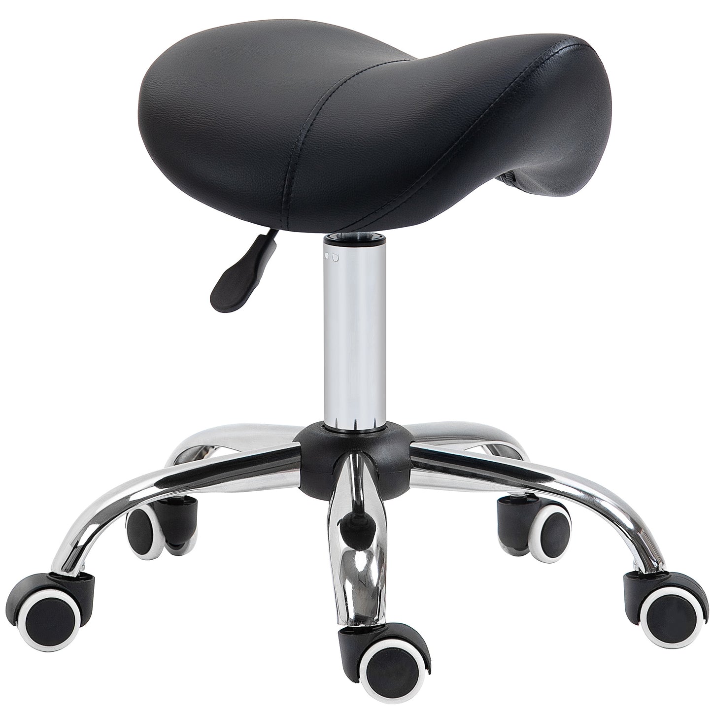 HOMCOM Cosmetic Stool 360Â° Rotate Height Adjustable Salon Massage Spa Chair Hydraulic Rolling Faux Leather Saddle Stool Mobility, Black