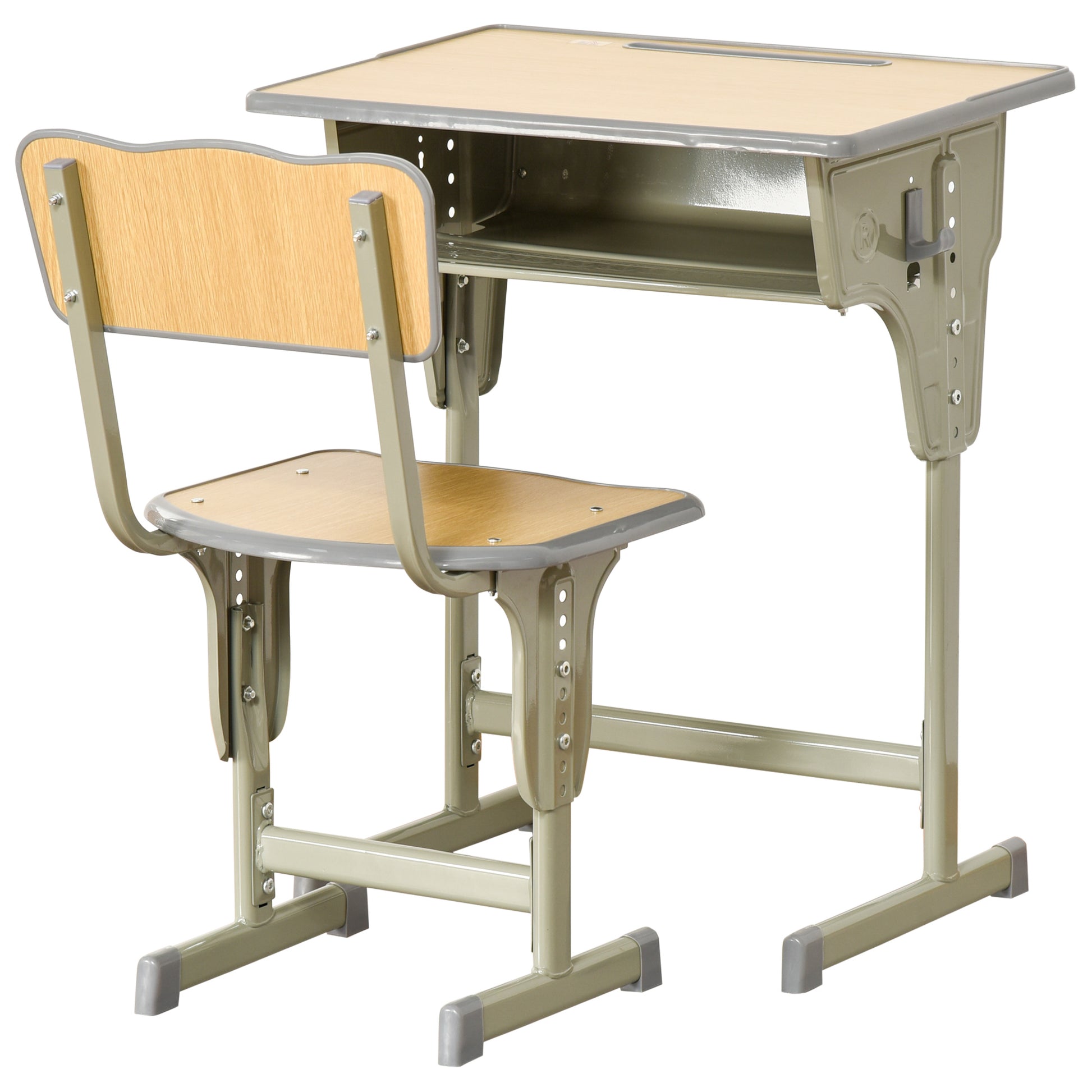 HOMCOM Height Adjustable Kids Desk and Chair Set with Storage Compartment, Bag Hook and Pen Holder, for 6-12 Years, Grey Default Title