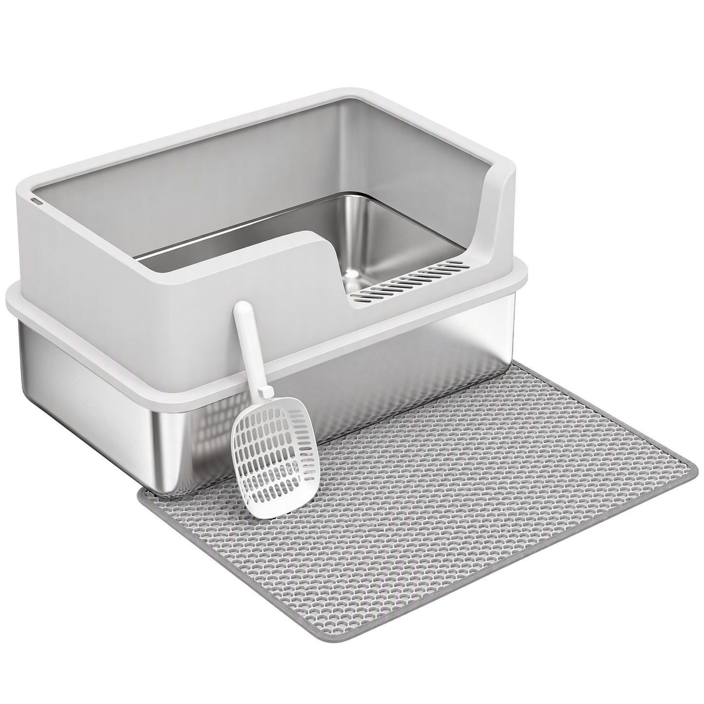PawHut XL Stainless Steel Cat Litter Tray with Lid, High Sided Cat Litter Box with Scoop and Mat, Light Grey
