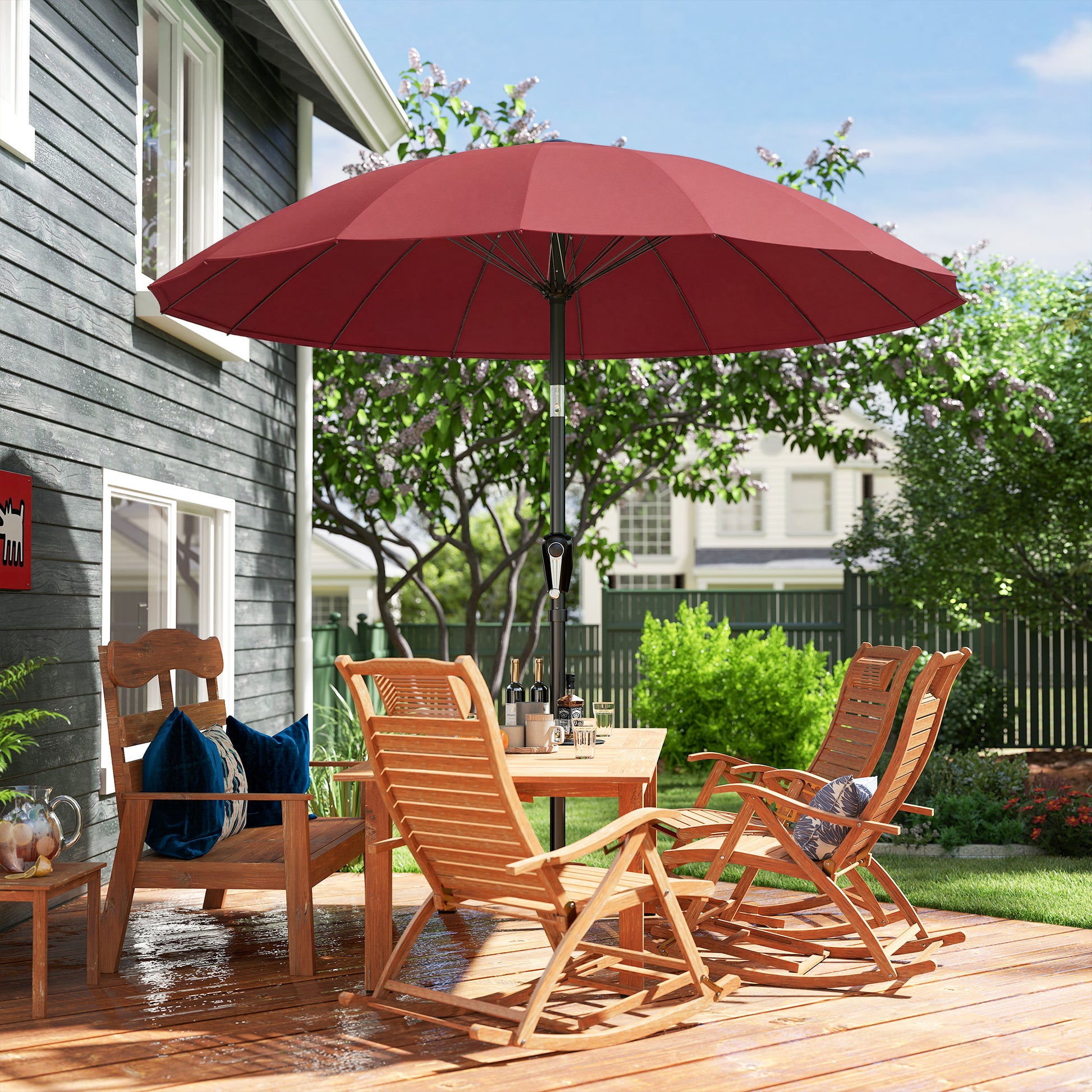 Outsunny 2 m Shanghai Garden Parasol Umbrella with 16 Fibreglass Ribs, Outdoor Parasol Sun Shade with Crank & Tilt, Wine Red