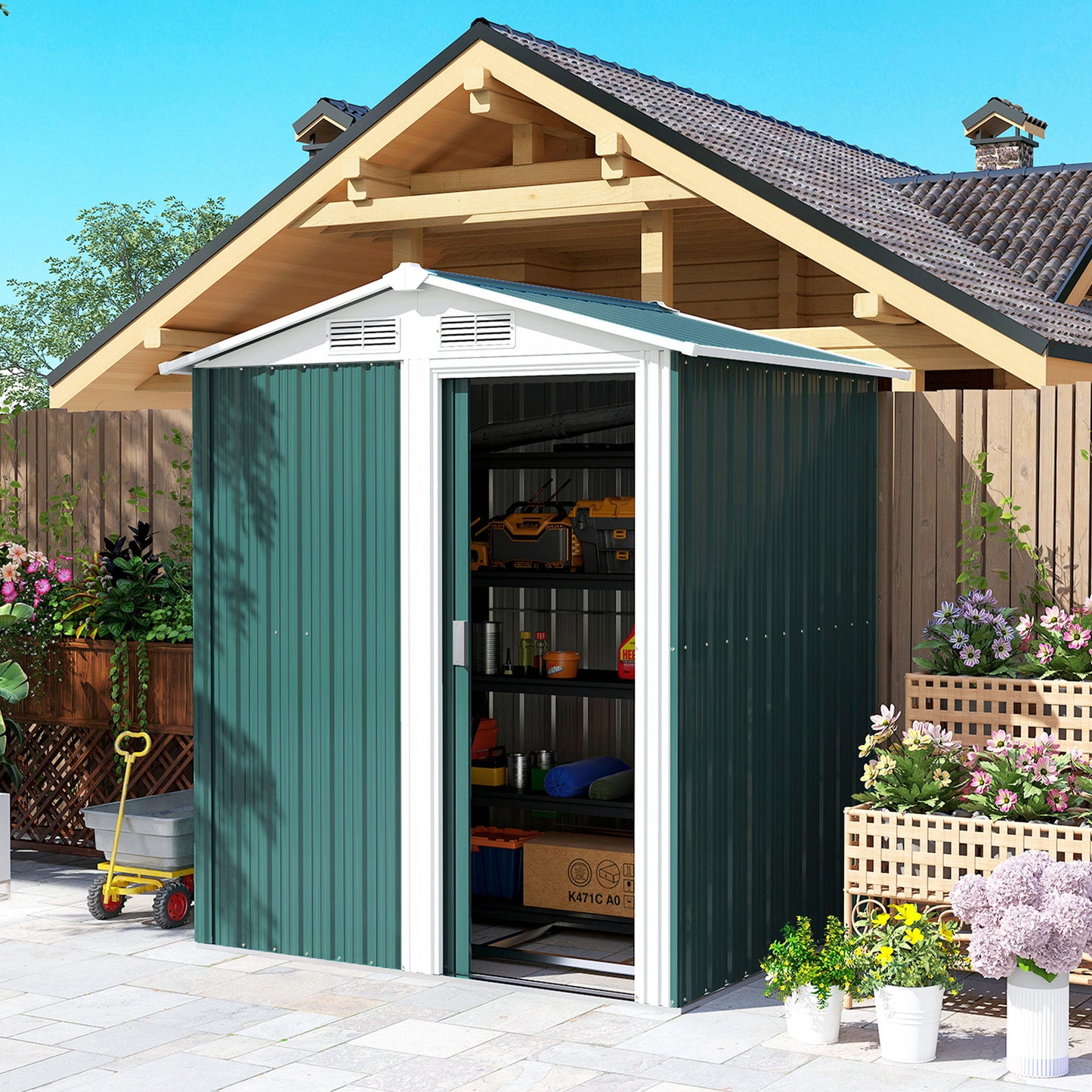 Outsunny Garden Metal Tool Storage Shed with Sliding Door, Sloped Roof and Floor Foundation, 152 x 132 x 188cm, Green