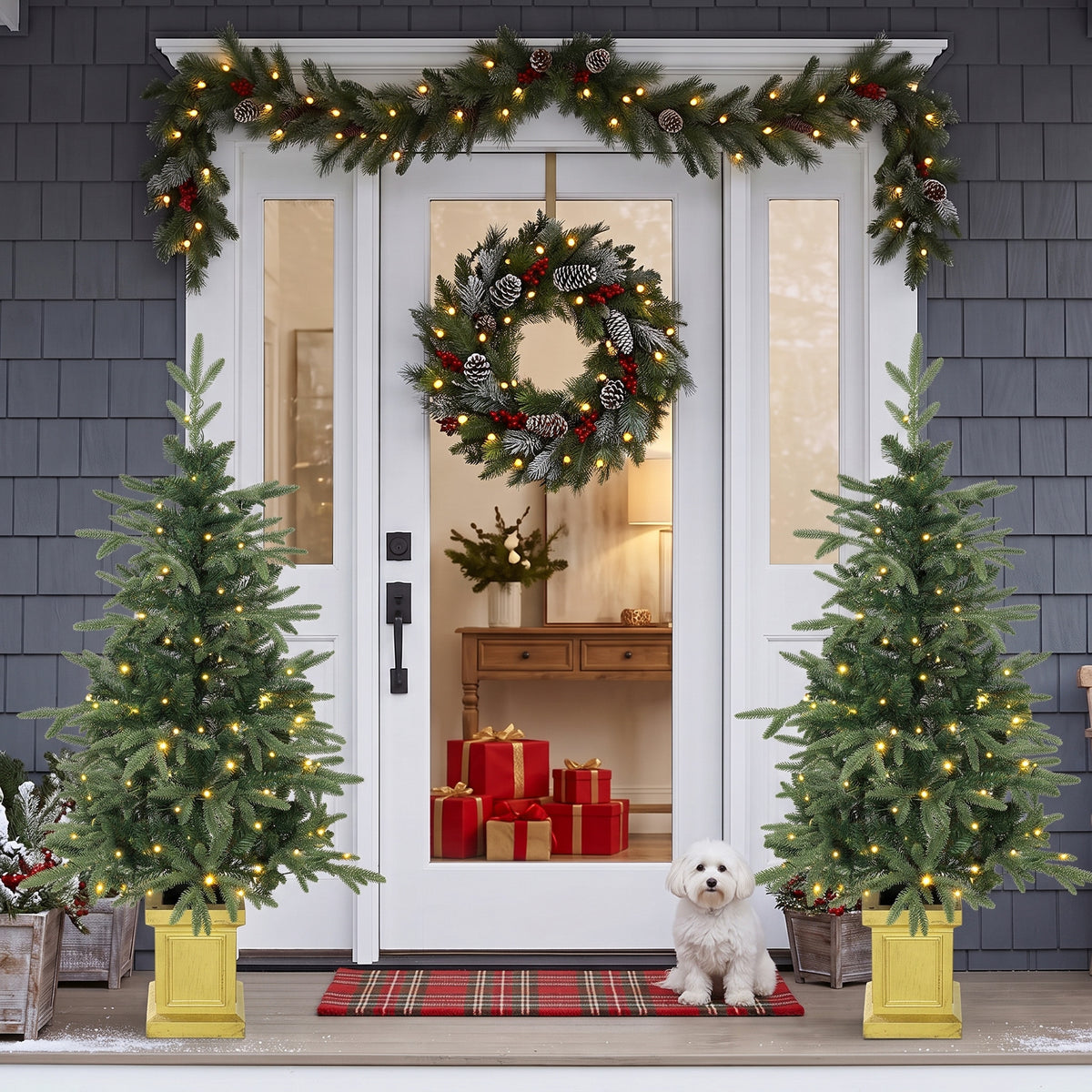 HOMCOM Set of 2 Prelit Christmas Trees with Dual-Colour LEDs, Remote, 4ft Artificial Aspen Fir Battery-Operated, 11 Modes, Pot