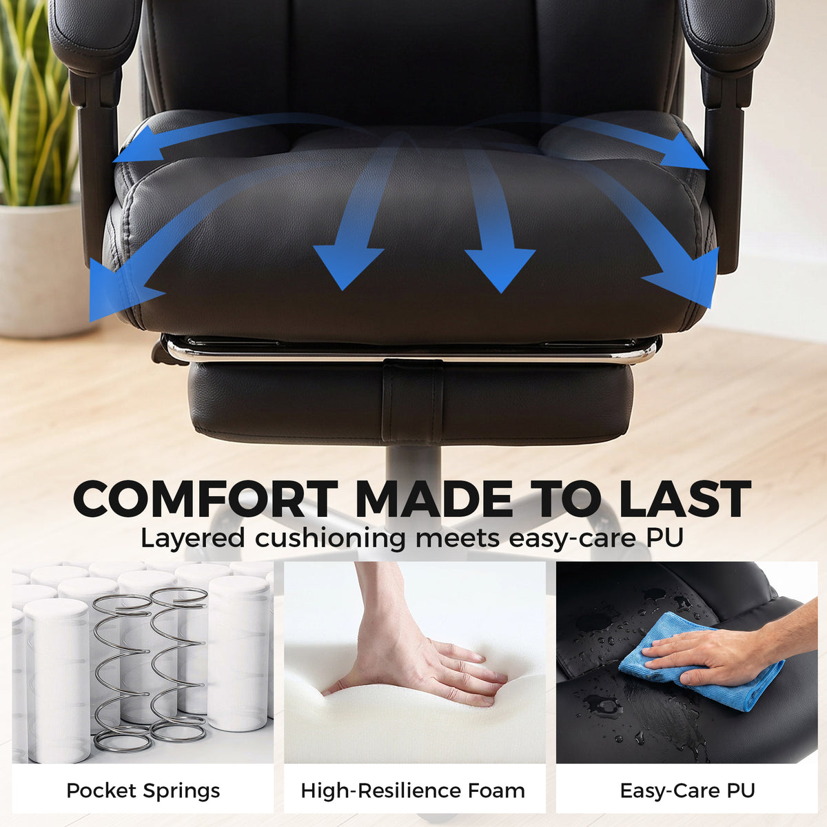 HOMCOM Executive Office Chair, 180kg Big and Tall PU Desk Chair with Linked Armrests, Pocket Spring Cushion, Adjustable Height, Rocking Function, 165Â° Reclining Backrest, Footrest, PU Casters, Black