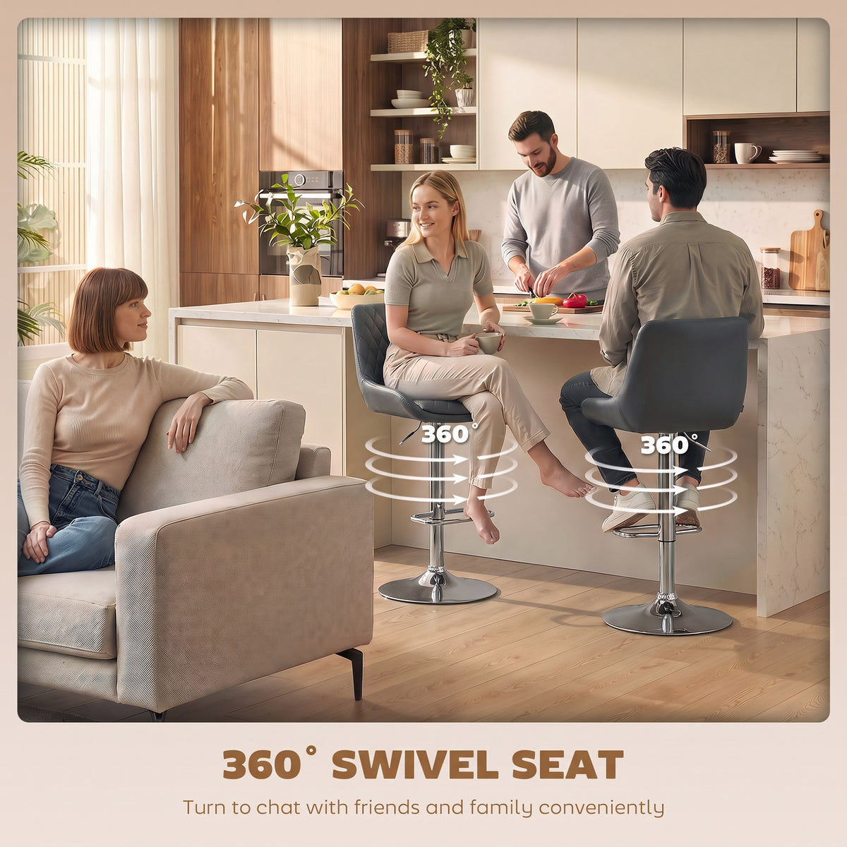 HOMCOM Grey Bar Stools Set of 2, Upholstered Retro Bar and Kitchen Chairs with Back, Swivel Seat, PU, Dark Grey