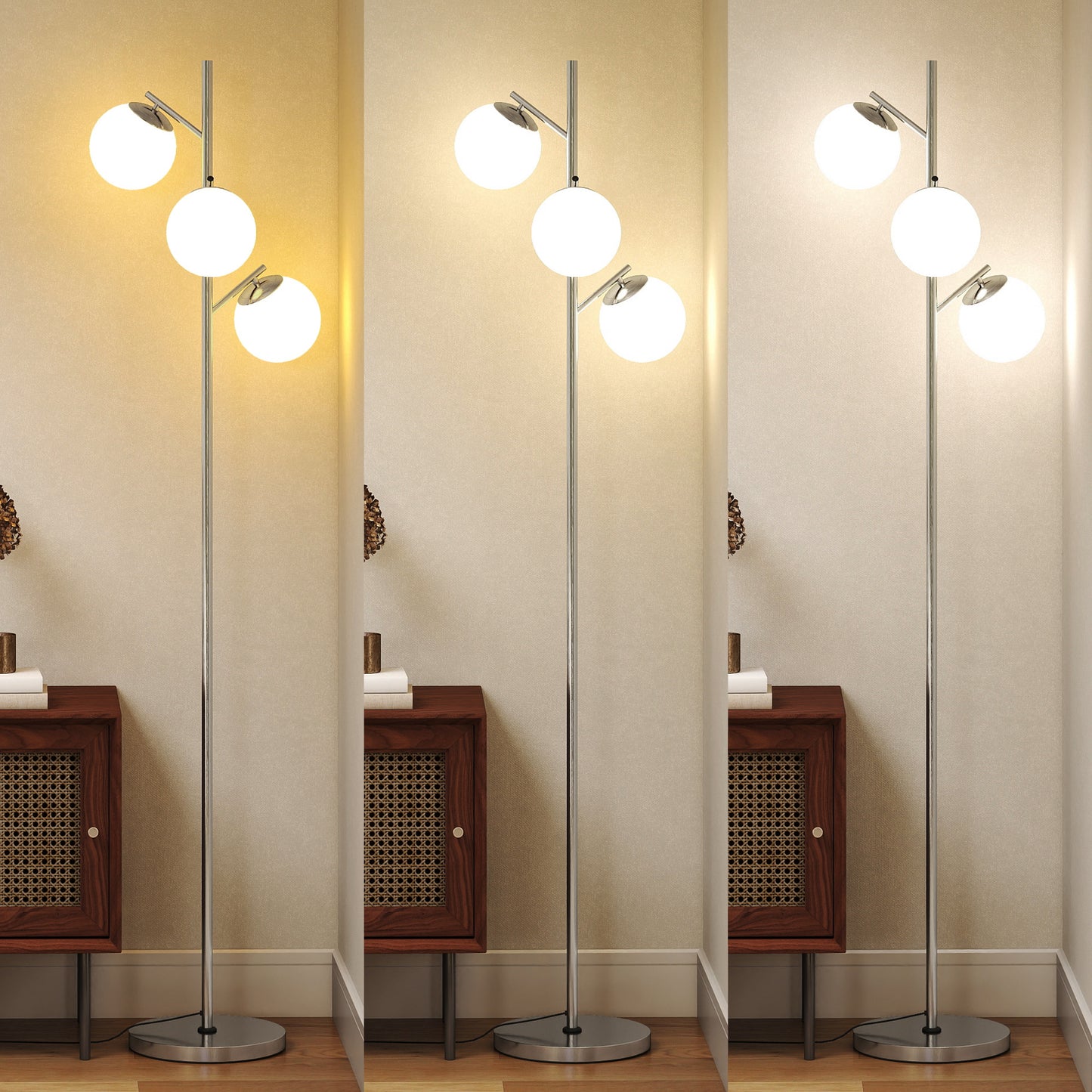 HOMCOM 3-Light Tree Floor Lamps for Living Room, Modern Standing Lamp for Bedroom with Globe Lampshade, 3000K/4000K/6000K Colour Temperatures, Steel Base, Silver Tone