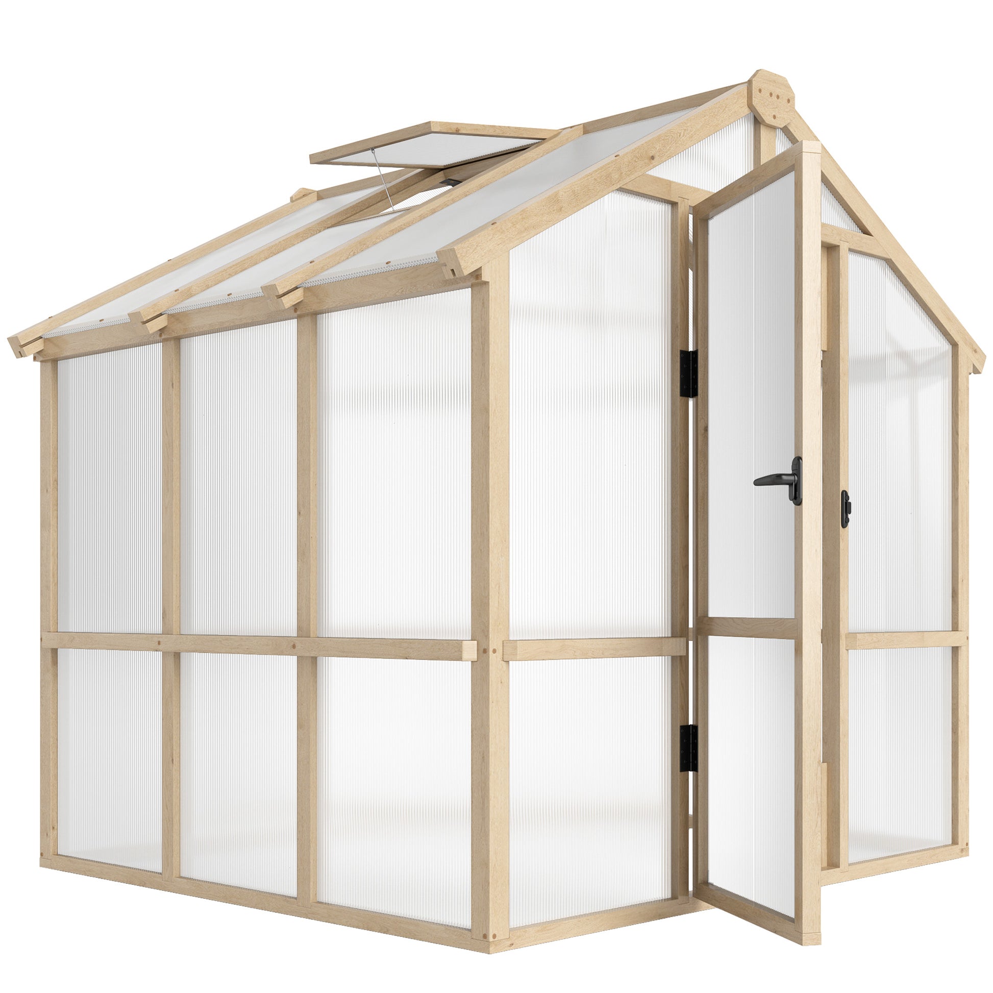 Outsunny 6.6 x 6ft Polycarbonate Greenhouse, Walk-in Wooden Greenhouse with Lockable Door and Window, Garden Plants Grow House, Brown Default Title