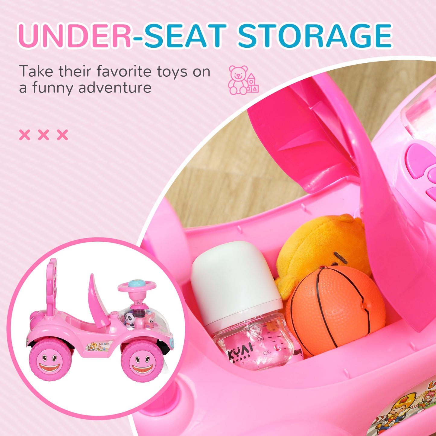 AIYAPLAY Foot to Floor toddler Ride on Toy w/ Music, Light, Horn, Under Seat Storage, Anti-Over-Backwards Device, Pink