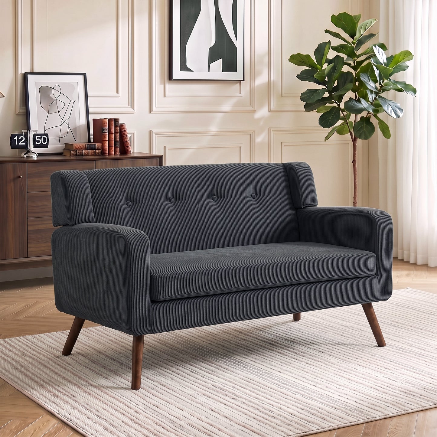 HOMCOM 2 Seater Sofa, 118 cm Corduroy Small Loveseat with Spring Cushion, Wood Legs for Small Space, Living Room, Dark Grey