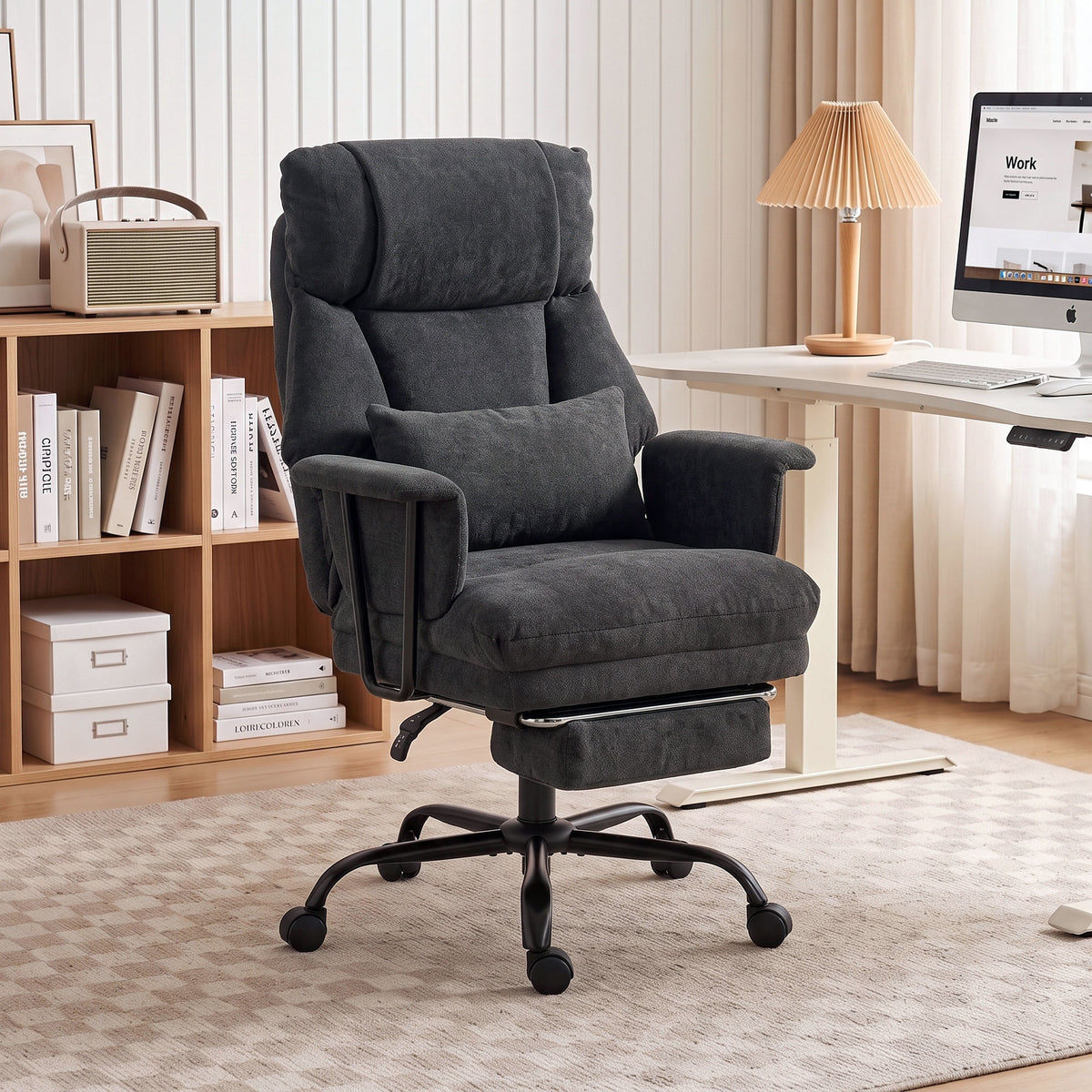 HOMCOM Office Chair, 180kg Heavy Duty Linen Computer Desk Chair with Lumbar Support, Wide Seat, Spring Cushion, Black