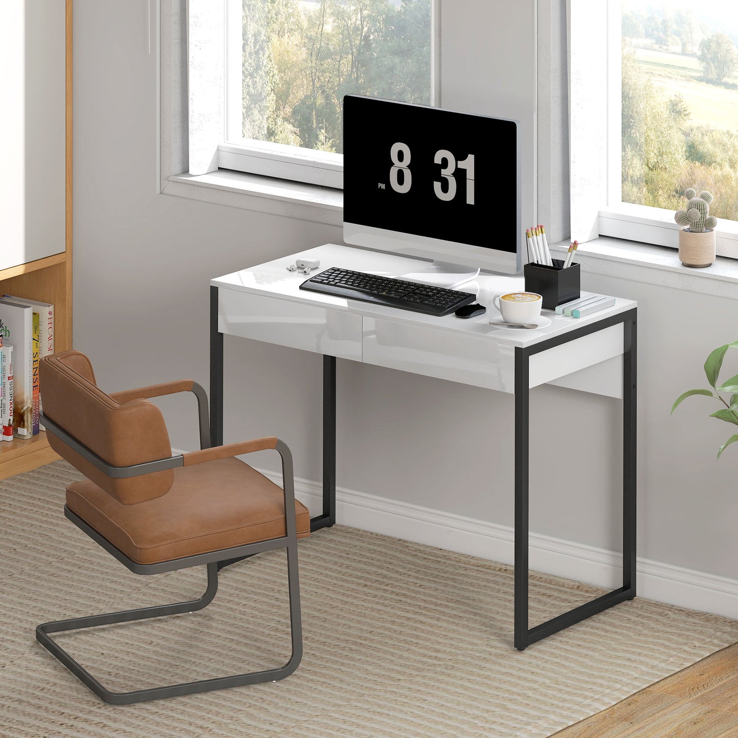 HOMCOM High Gloss Work Table, with Drawers - White